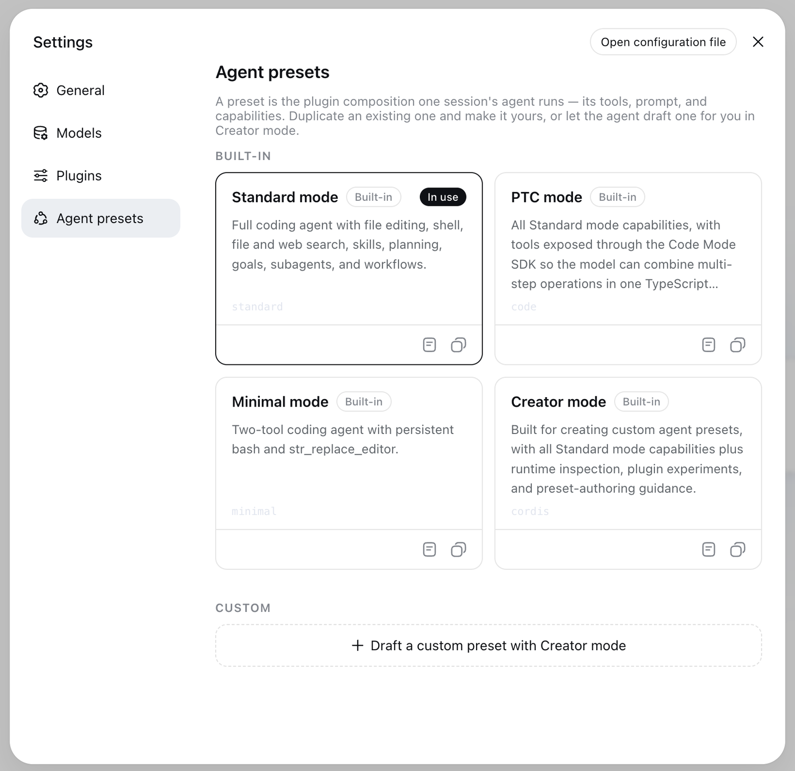 The Agent presets screen in DeepSeek Harness showing Standard, PTC, Minimal and Creator mode cards