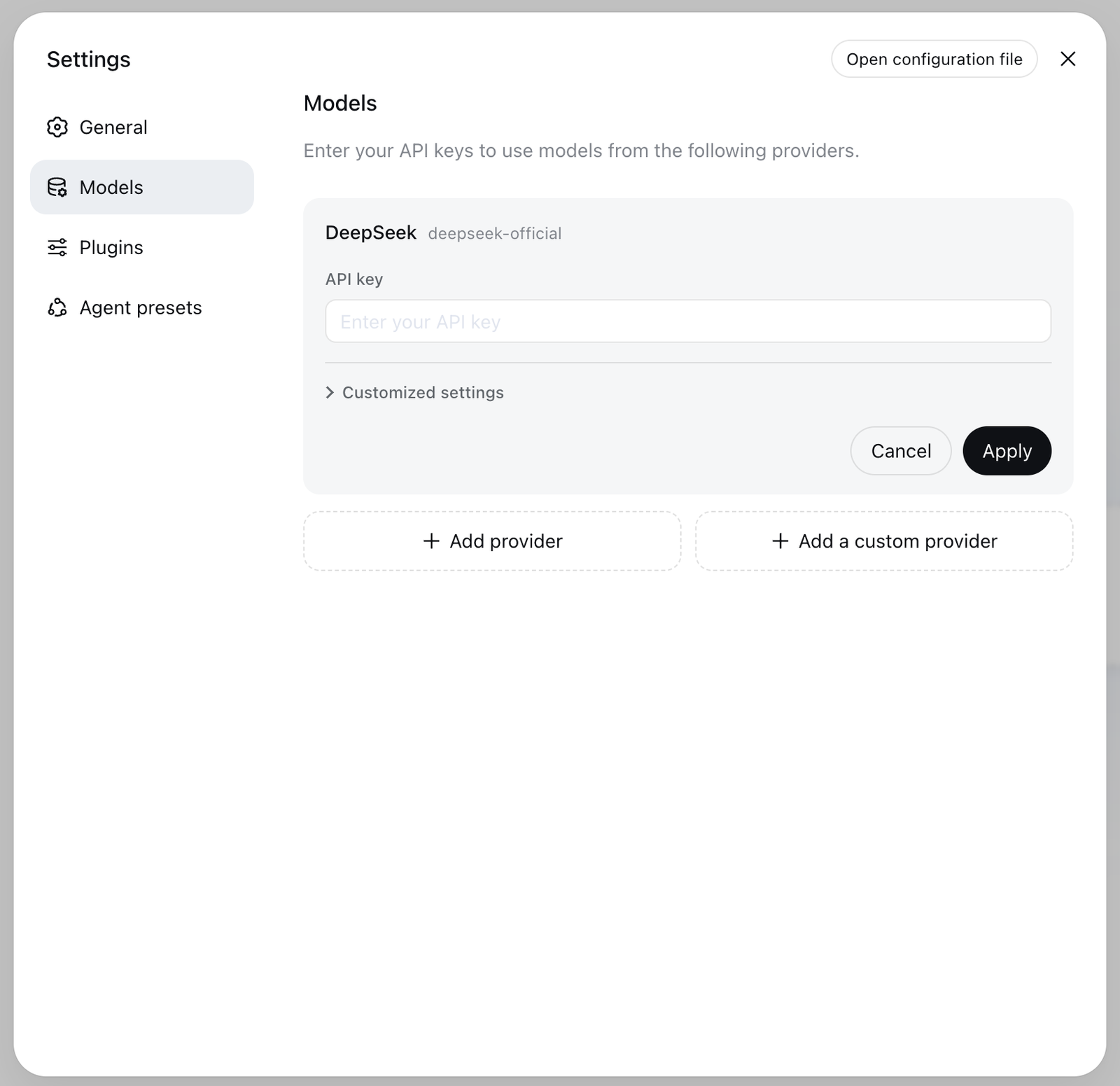 The Models settings screen in DeepSeek Harness with the DeepSeek provider card and the add custom provider button