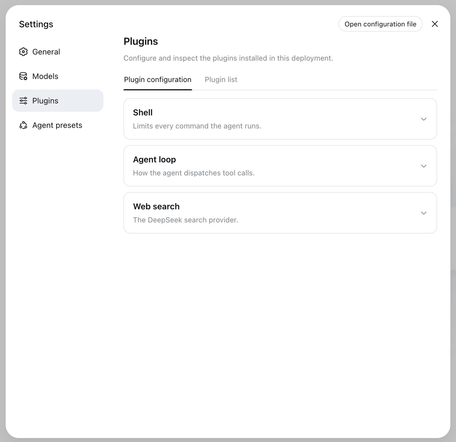 The Plugins settings screen in DeepSeek Harness listing the shell, agent loop and web search plugins