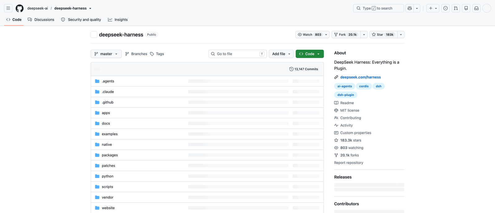 The GitHub page for deepseek-ai/deepseek-harness showing 183.3k stars and 20.1k forks