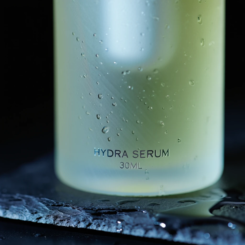 Macro product hero of a serum bottle with a crisp embossed label and water droplets