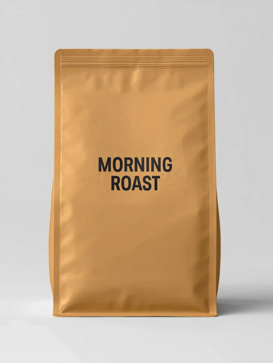 A kraft-brown coffee bag reading "MORNING ROAST" before an edit