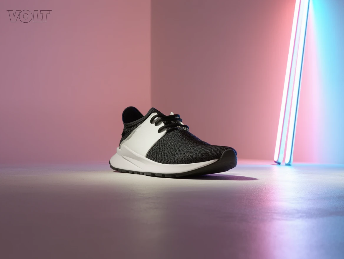 Ecommerce sneaker hero remixed from a product shot, a neon backdrop, and a wordmark logo