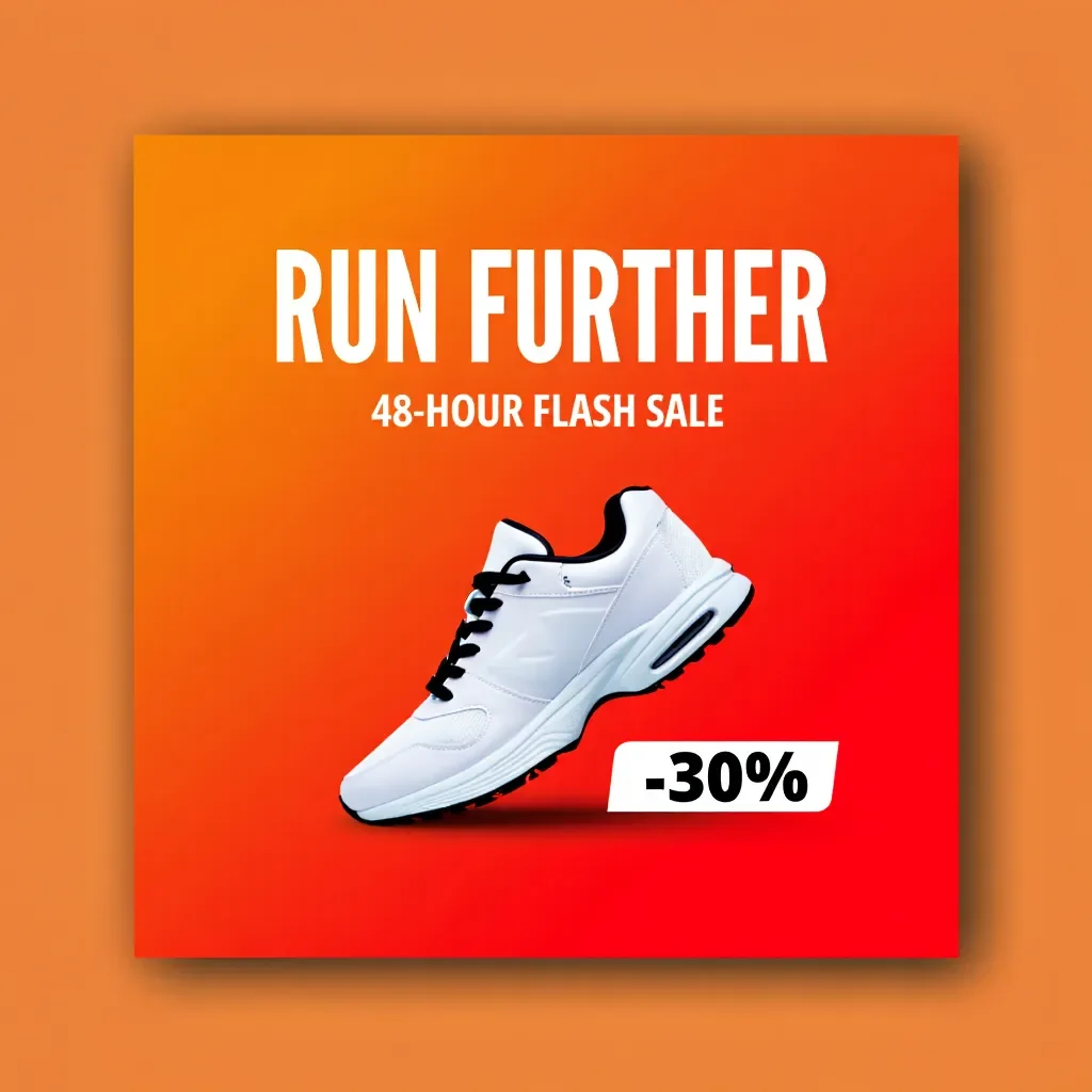 Square flash-sale ad with a "RUN FURTHER" headline, a "48-HOUR FLASH SALE" sub-line, and a "-30%" badge