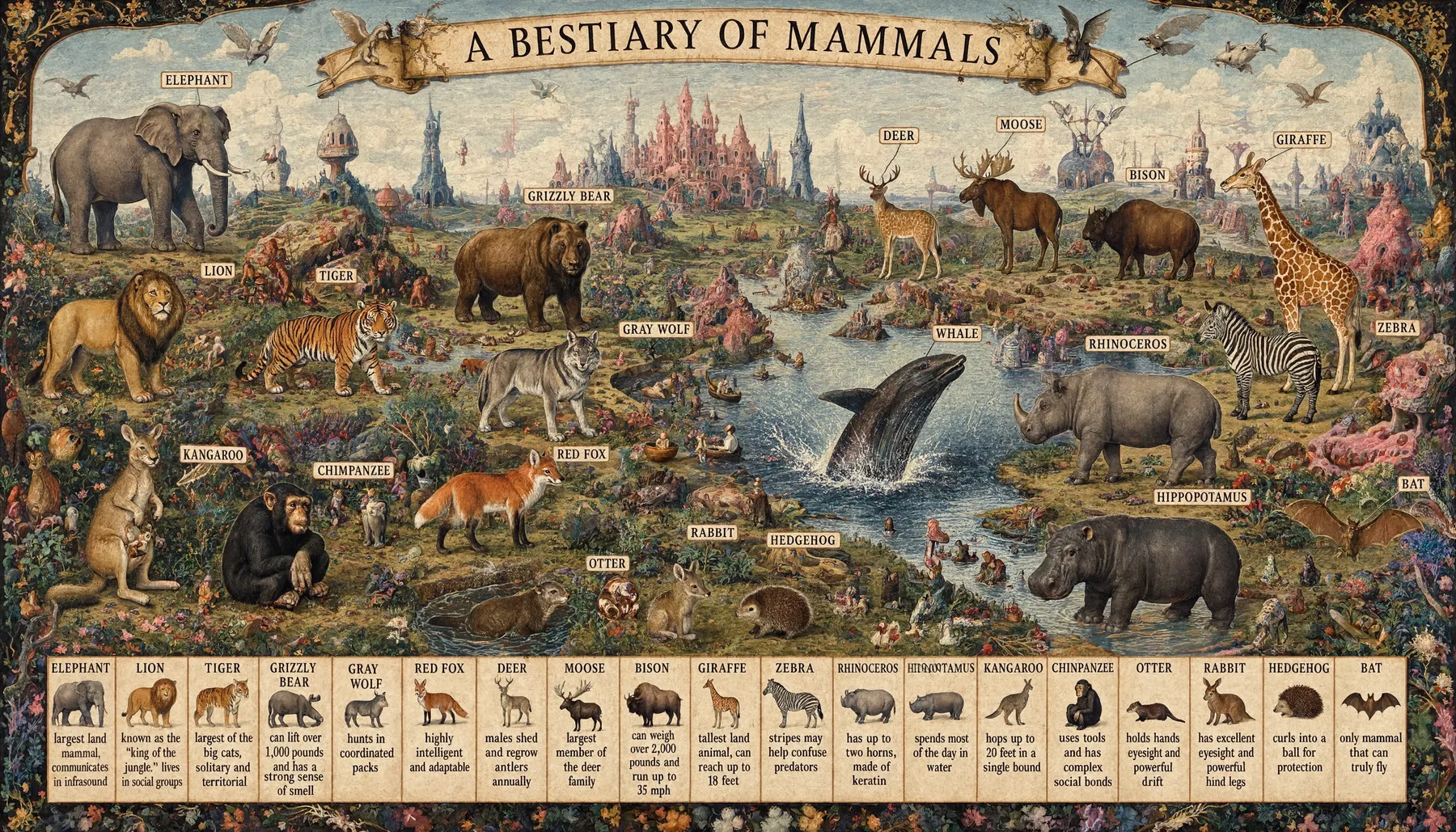 Official Reve 2.1 showcase: a dense "A Bestiary of Mammals" chart with twenty labeled animals in one scene