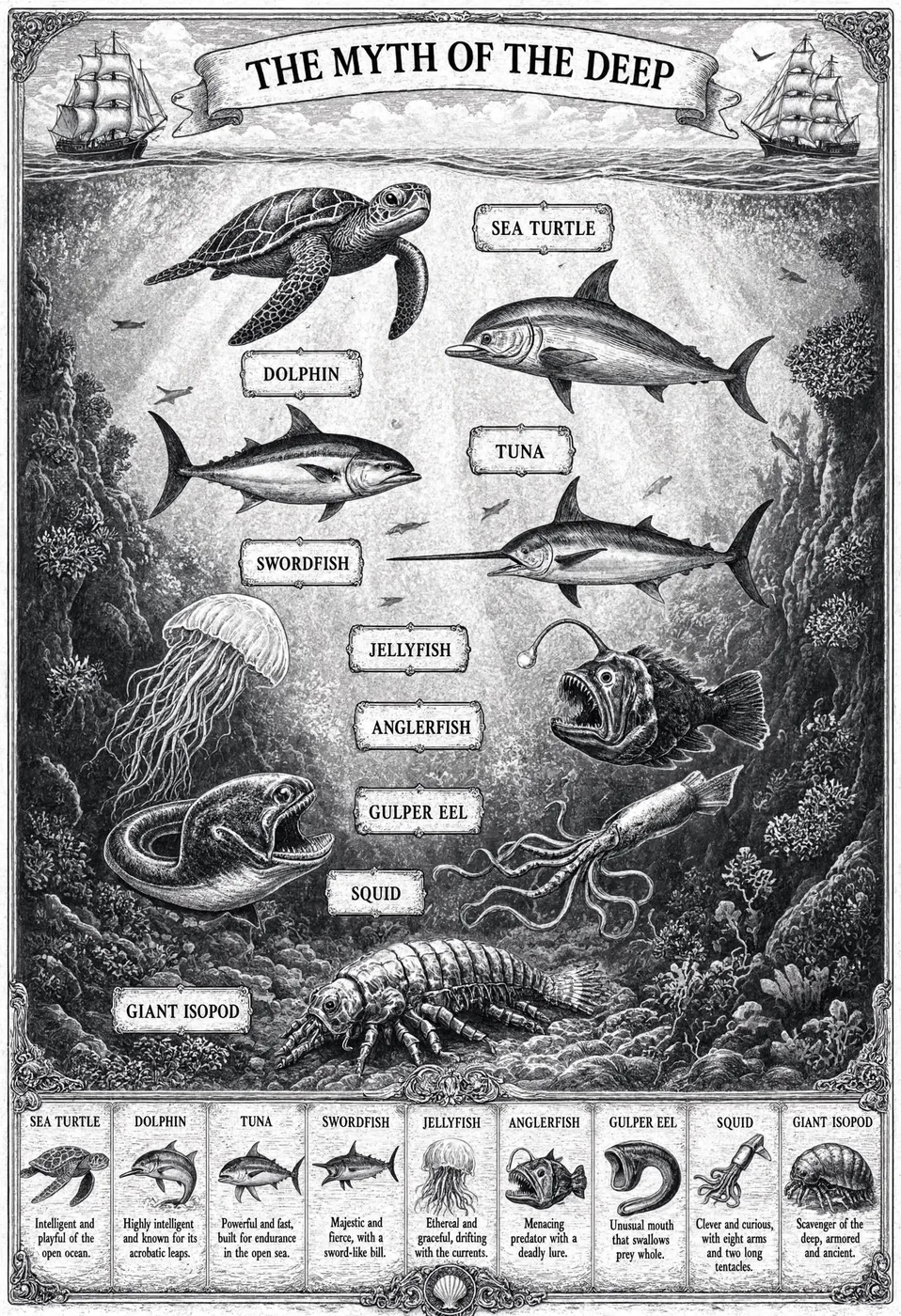 Official Reve 2.1 showcase: an engraving-style "The Myth of the Deep" poster with labeled sea creatures