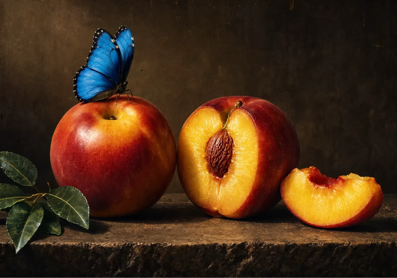 Official Reve 2.1 showcase: a still life of peaches with a blue butterfly, rendered with fine print-ready texture