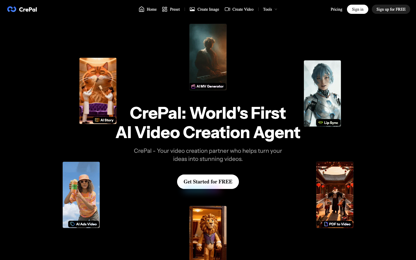 The CrePal homepage, claiming the first AI video creation agent