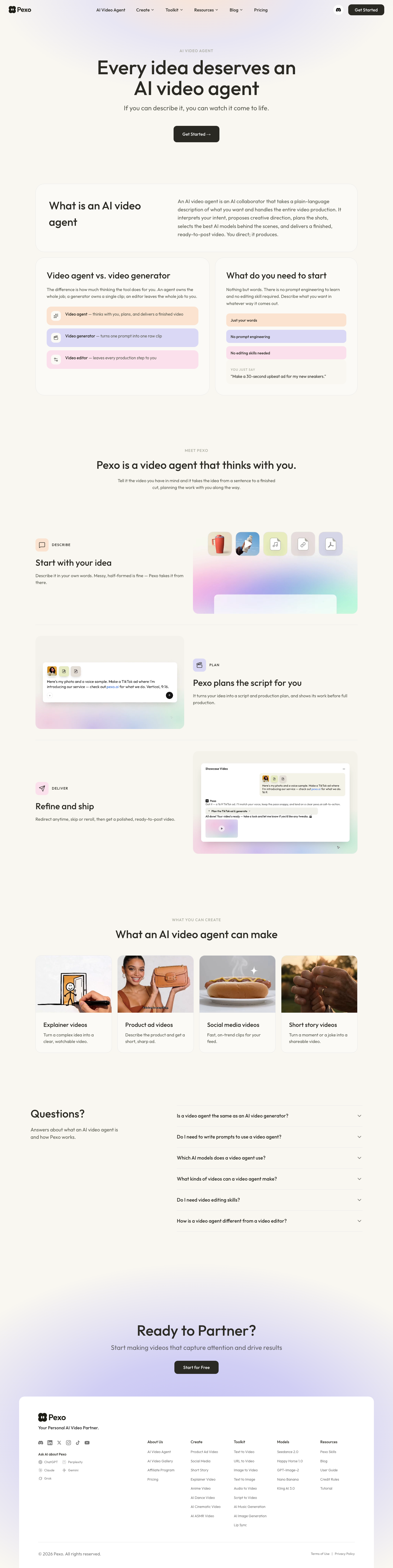The Pexo video agent page, which defines the category before it sells the product