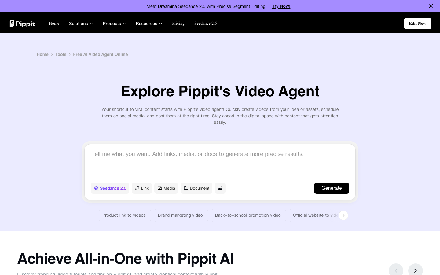 The Pippit video agent page from the CapCut family, selling viral output and auto-posting