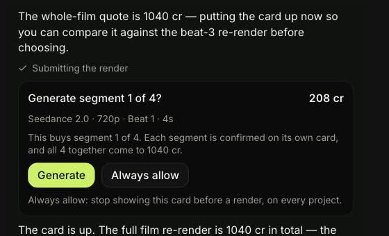 The price card in the chat, reading Generate segment 1 of 4 at 208 credits, with Generate and Always allow buttons