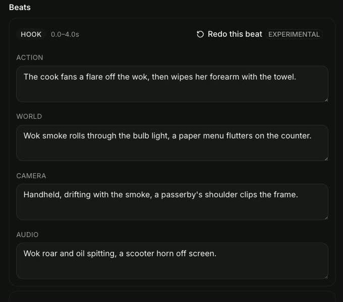 The Story card in the agent workspace, with the HOOK beat's action, world, camera and audio in editable fields