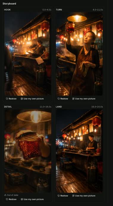 The storyboard for a four-beat ad: HOOK, TURN, DETAIL and LAND, one frame each