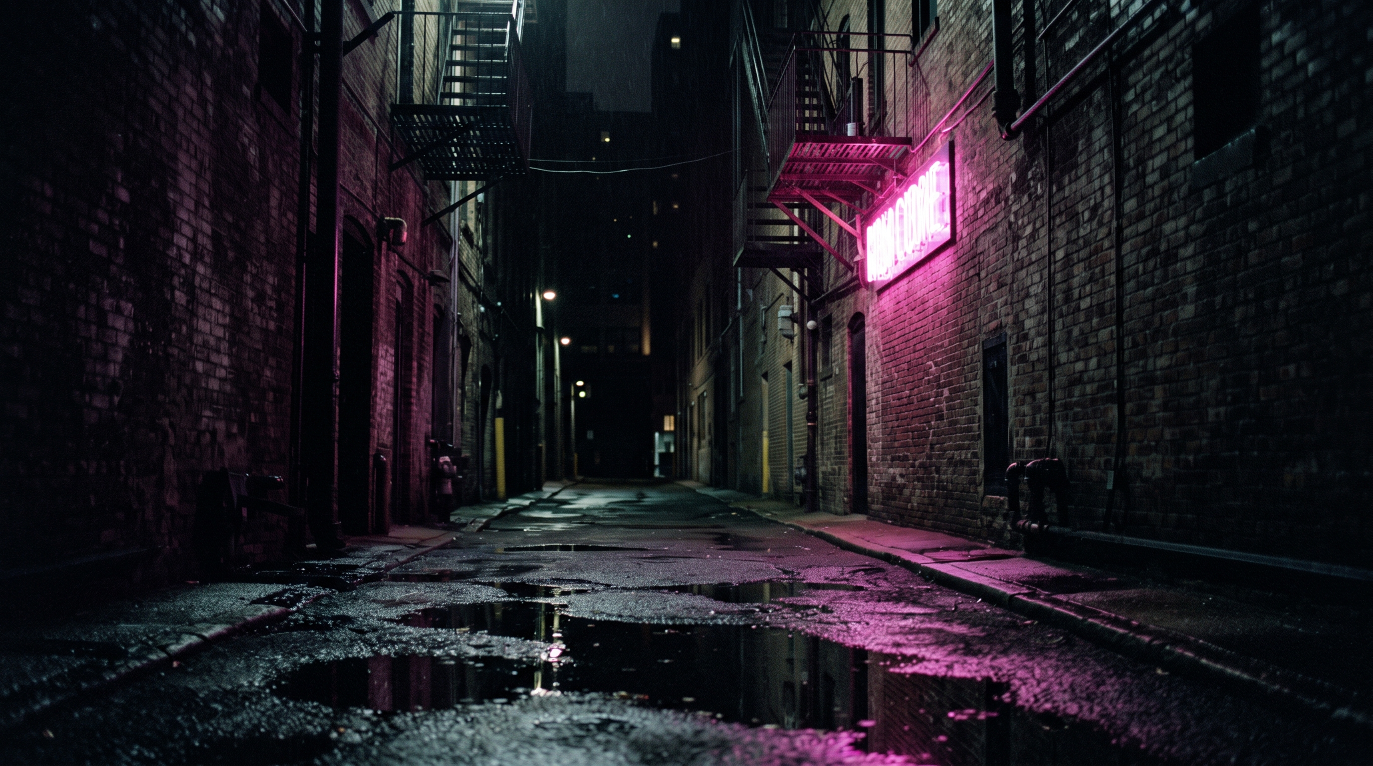 Reference still of an empty city alley at night with a magenta neon sign and wet reflective asphalt