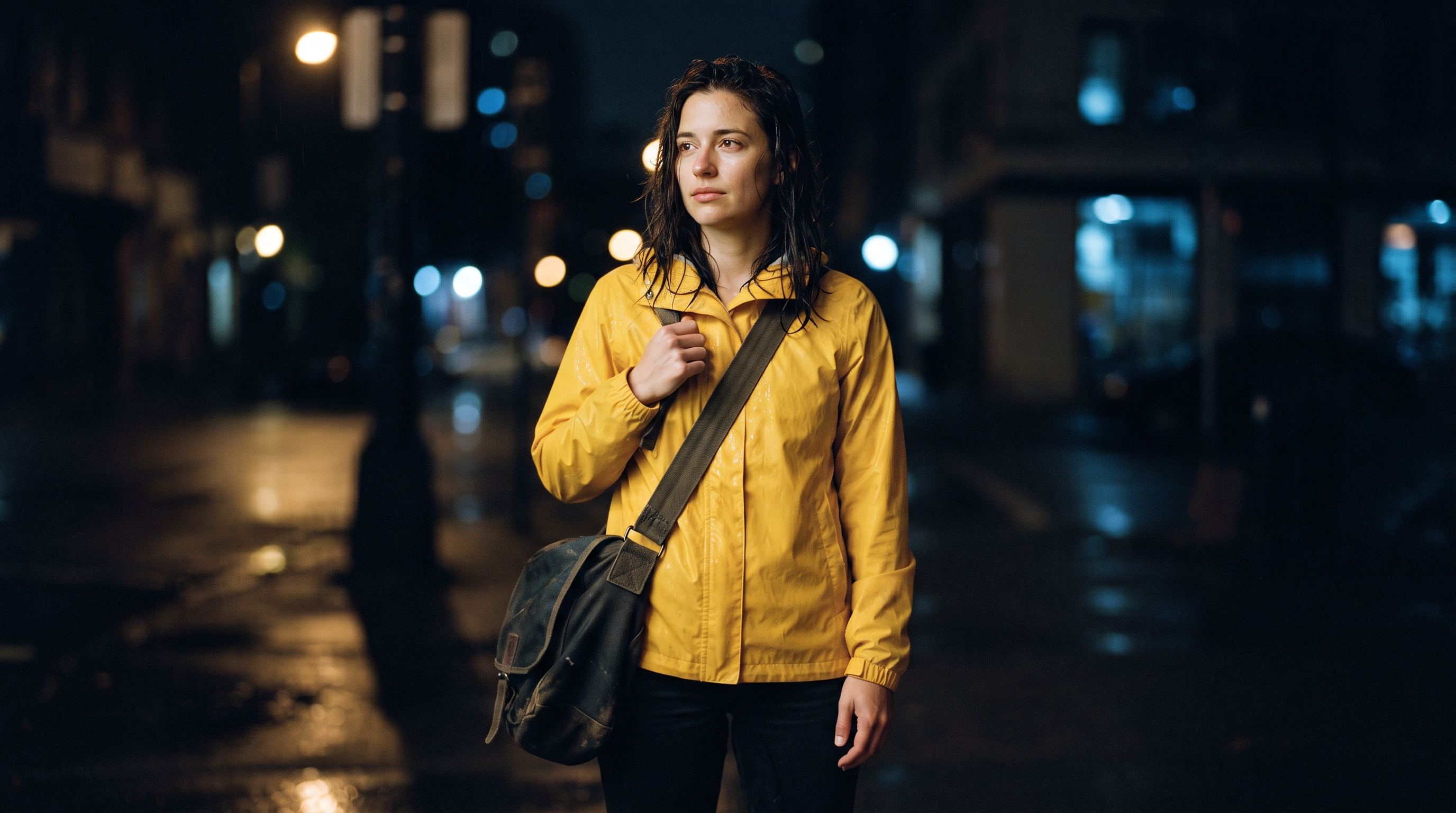 Reference still of a bicycle courier in a soaked yellow rain jacket with a canvas bag strap at night