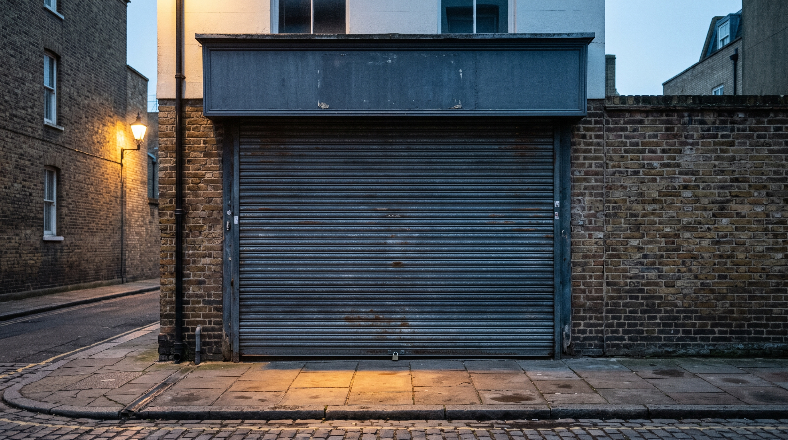 Reference still of a shop front at dawn with its corrugated metal shutter fully closed