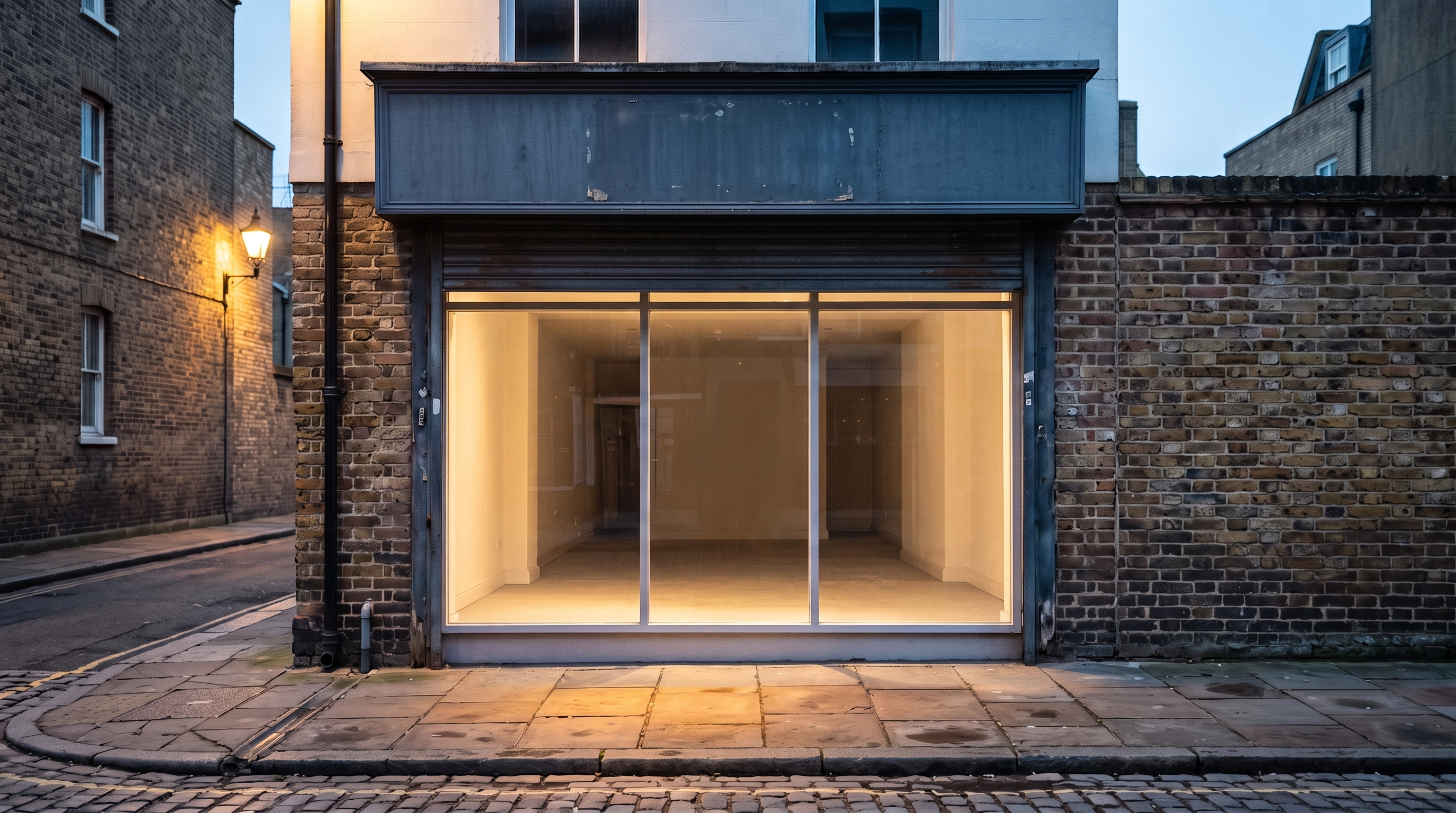 Reference still of the same shop front with the shutter rolled up and the interior lights on