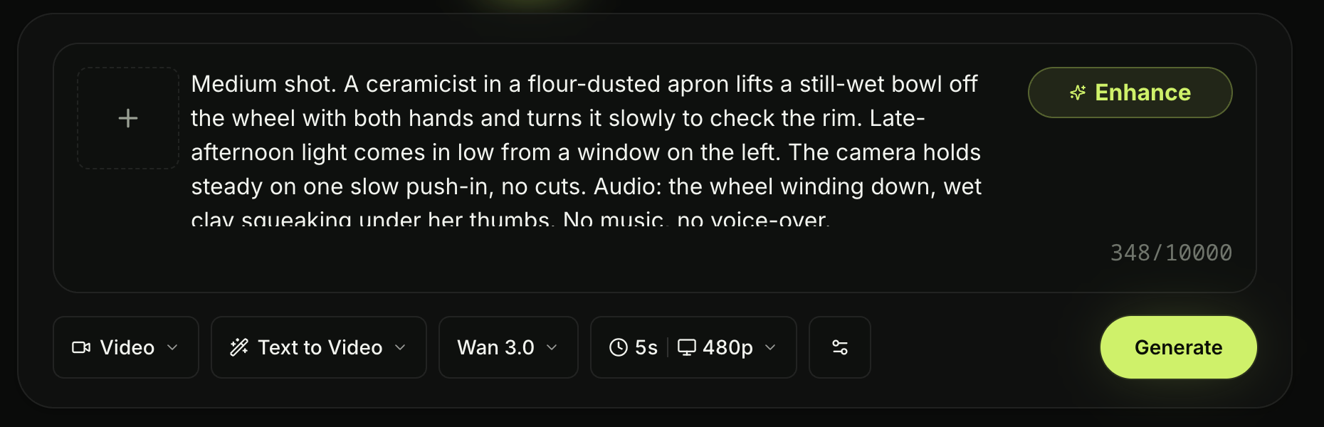 The Seadanse composer with the ceramicist prompt typed in, Wan 3.0 selected, 5s and 480p set