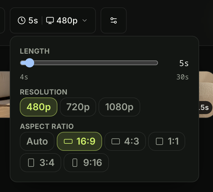 The Seadanse length and resolution panel showing a 4 to 30 second slider, 480p, 720p and 1080p, and six aspect ratios plus Auto