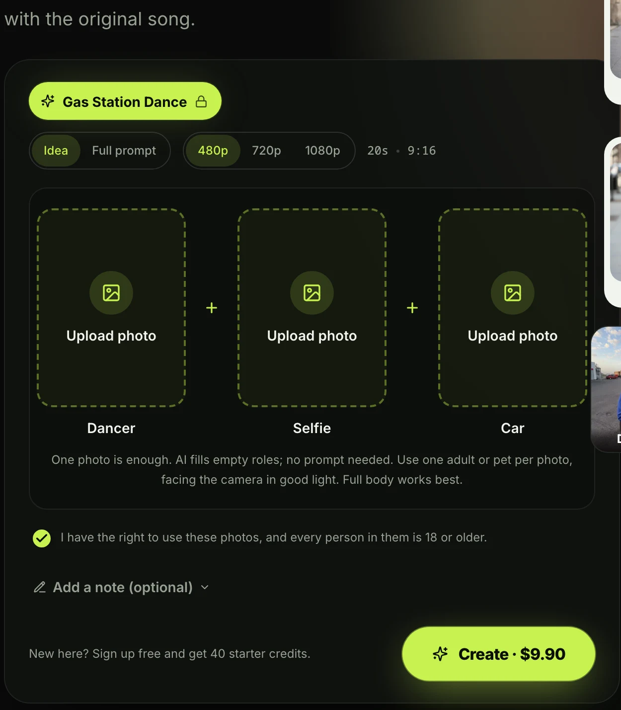 Gas Station Dance composer on Seadanse with Dancer, Selfie and Car photo slots and a Create · $9.90 button