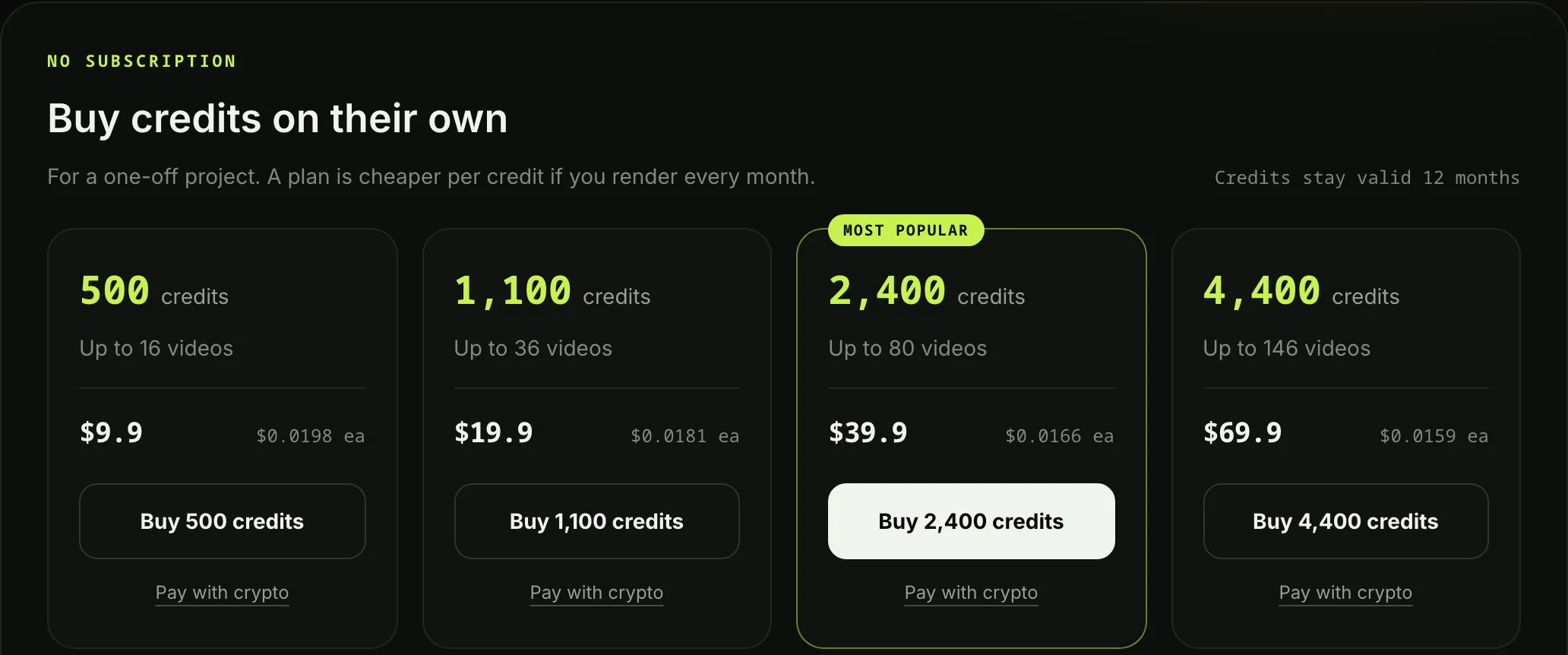 Seadanse pricing page section Buy credits on their own, with four one-time credit packs from 500 to 4,400 credits
