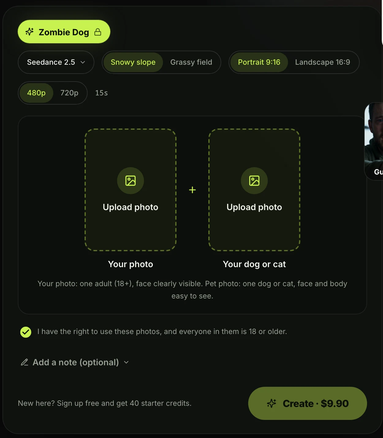 Zombie Dog composer on Seadanse with a slot for your photo, a slot for your dog or cat and a Create · $9.90 button