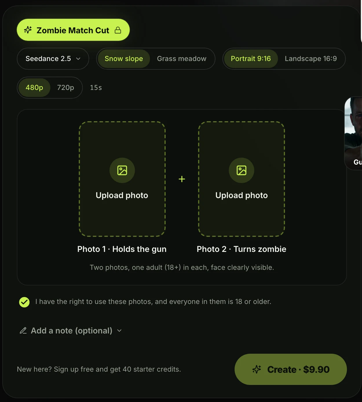 Zombie Match Cut composer on Seadanse with the two photo slots, the consent box and a Create · $9.90 button