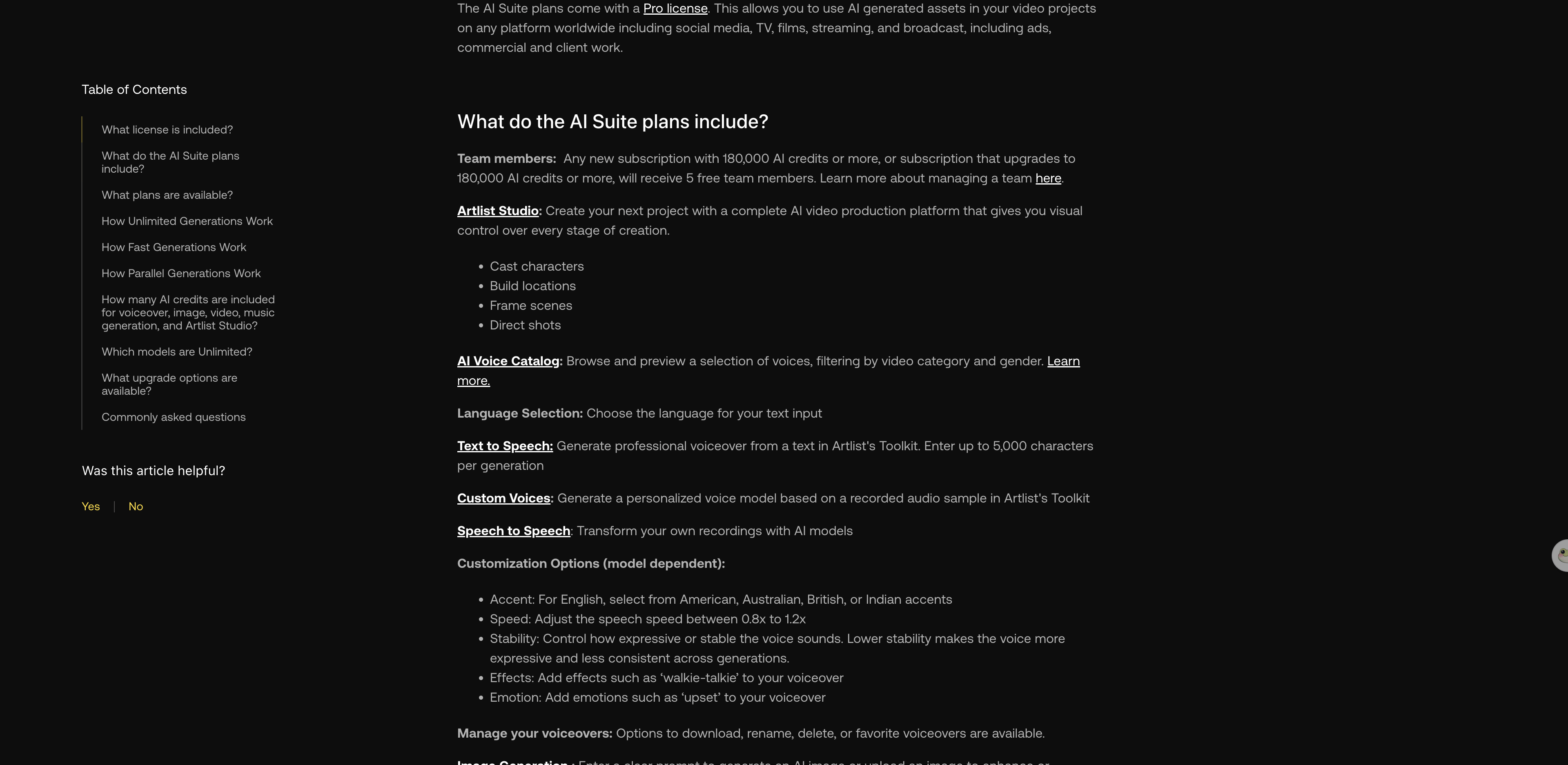 Artlist's AI Suite help page listing what the subscription includes