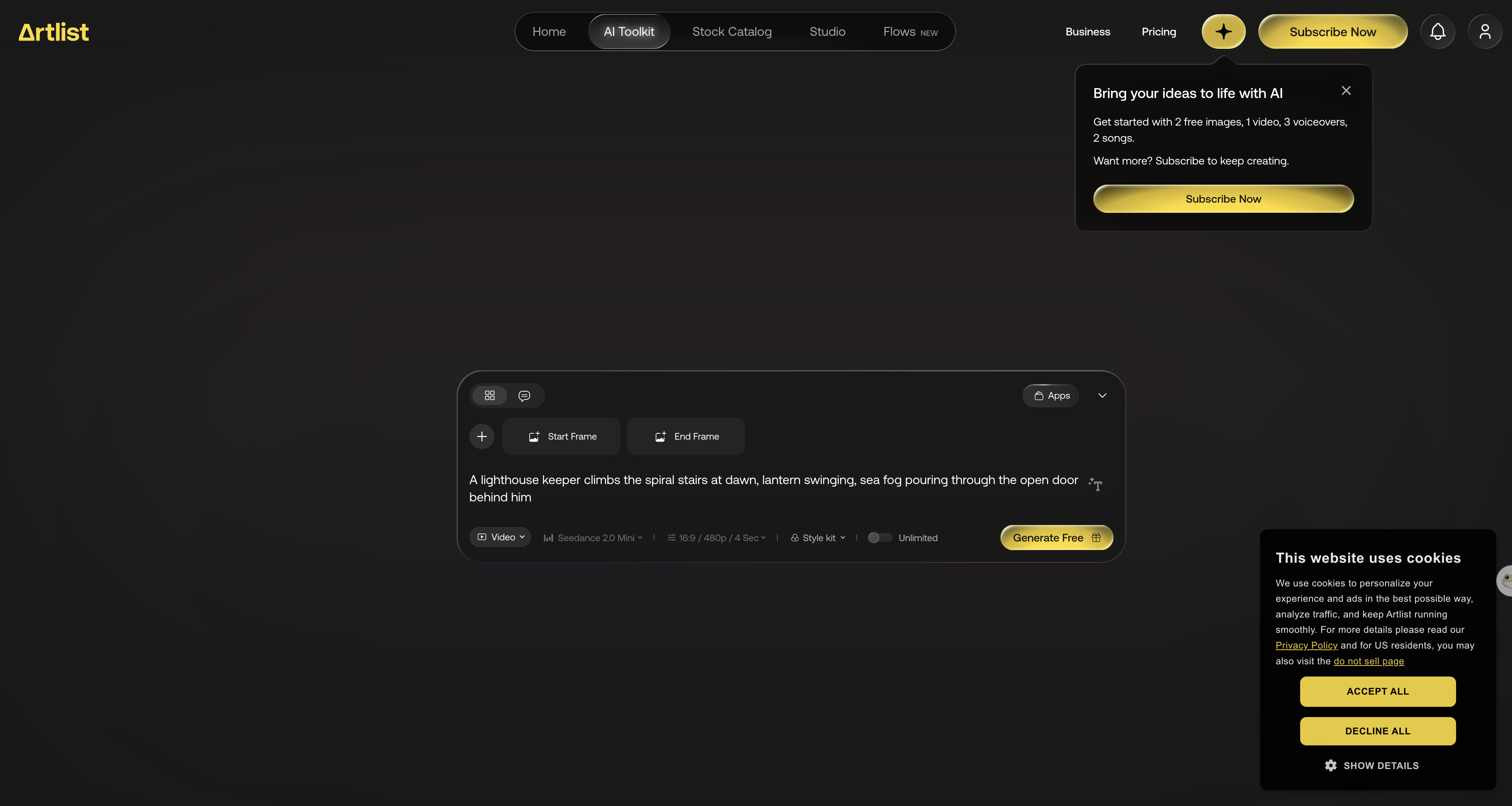 The Artlist AI Toolkit signed in on a free account, showing the starter allowance of two images, one video, three voiceovers and two songs