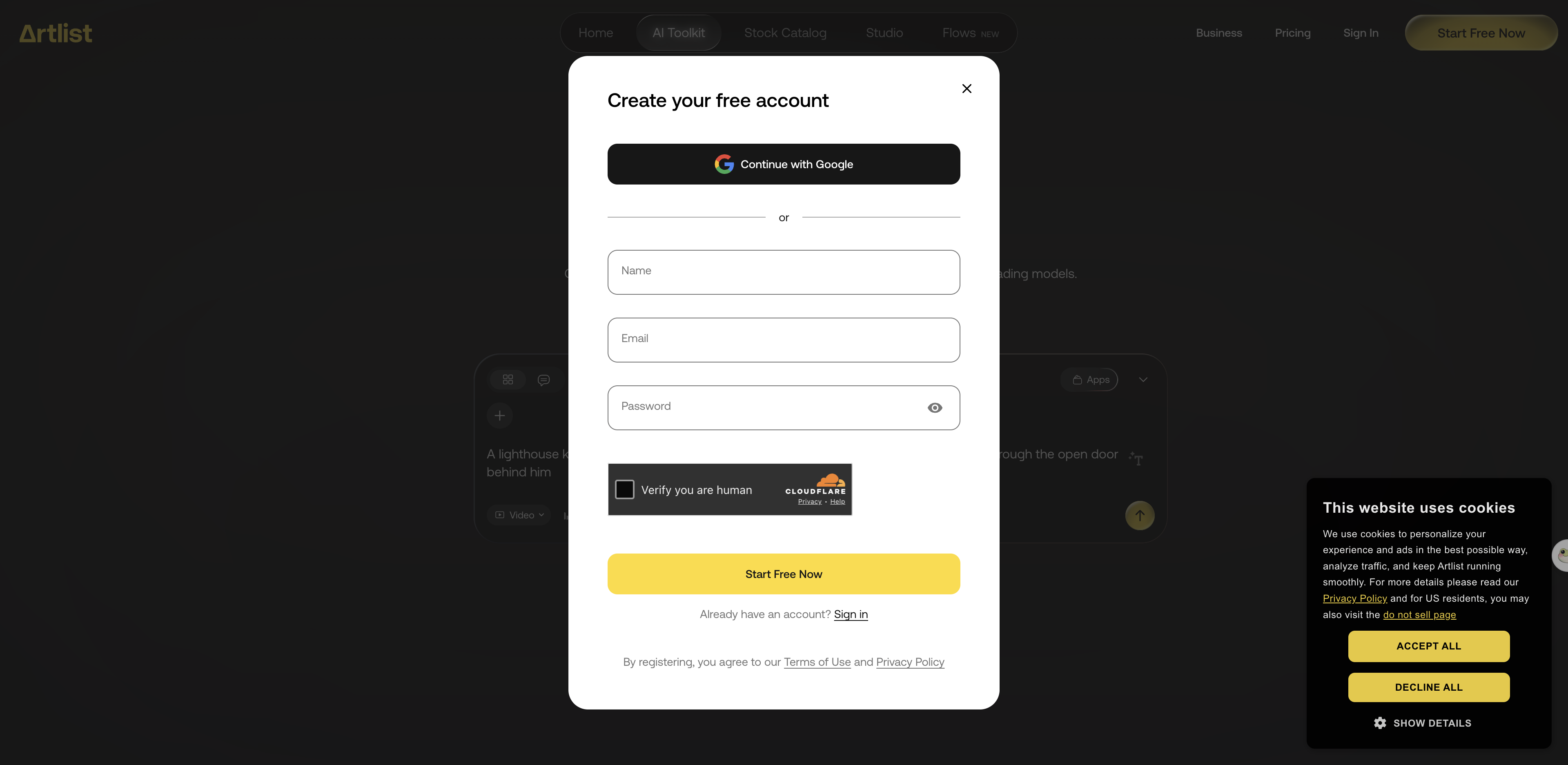 Artlist's Create your free account panel covering the AI Toolkit after pressing Generate