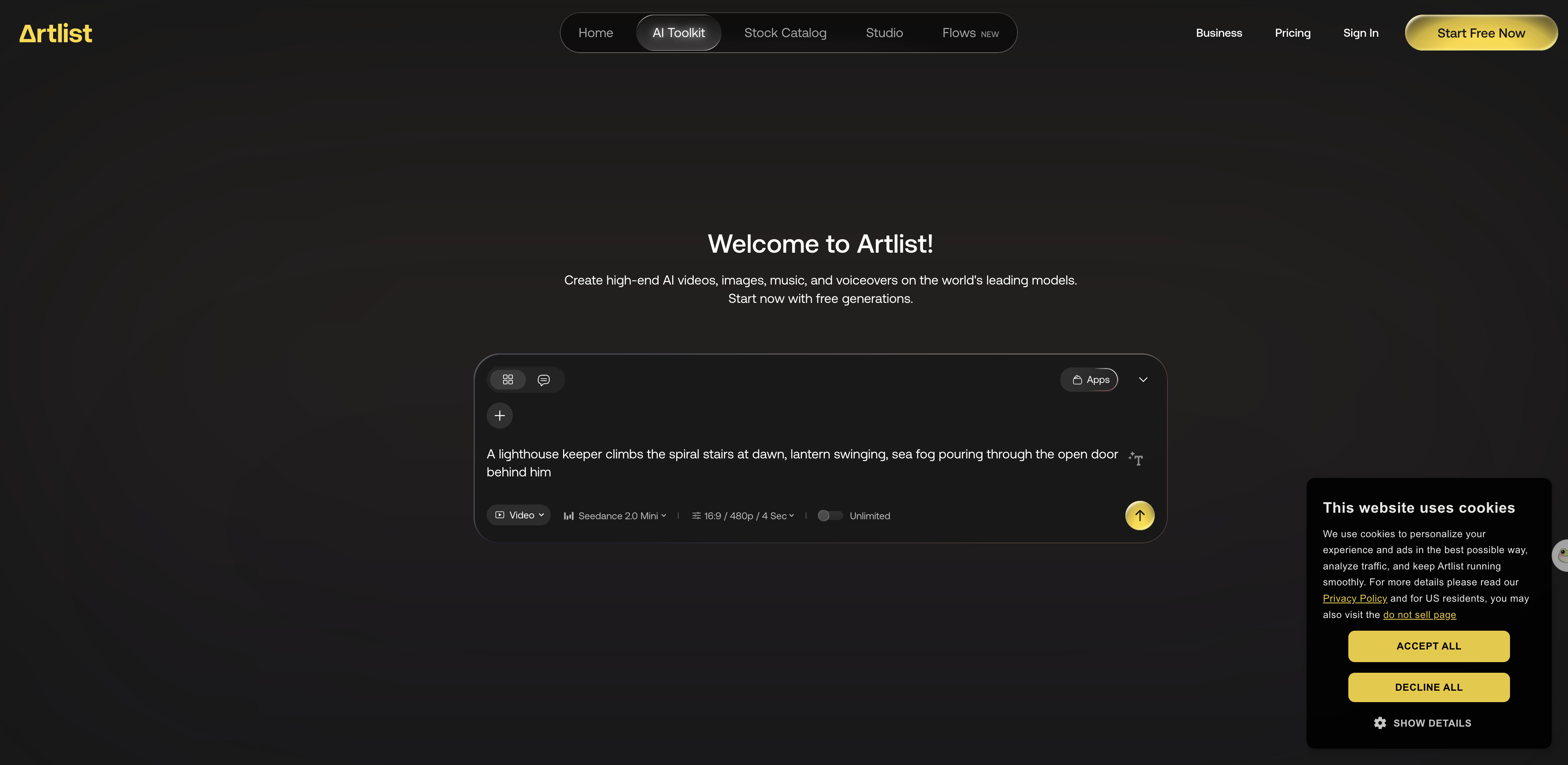 The Artlist AI Toolkit prompt box open without an account, with the model picker set to Seedance 2.0 Mini at 480p and 4 seconds