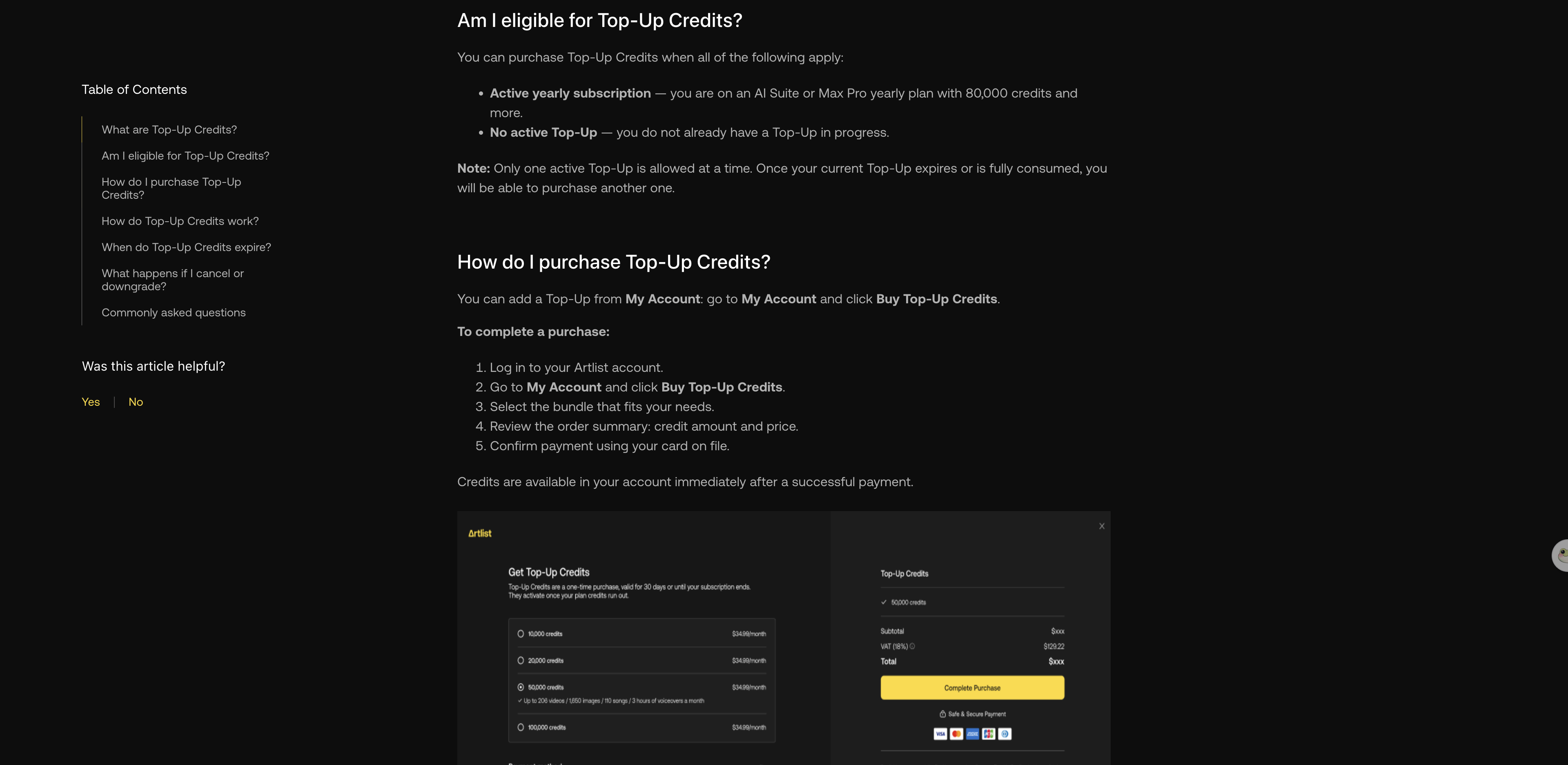 Artlist's Top-Up Credits help page showing that one-off top-up credits expire 30 days after purchase