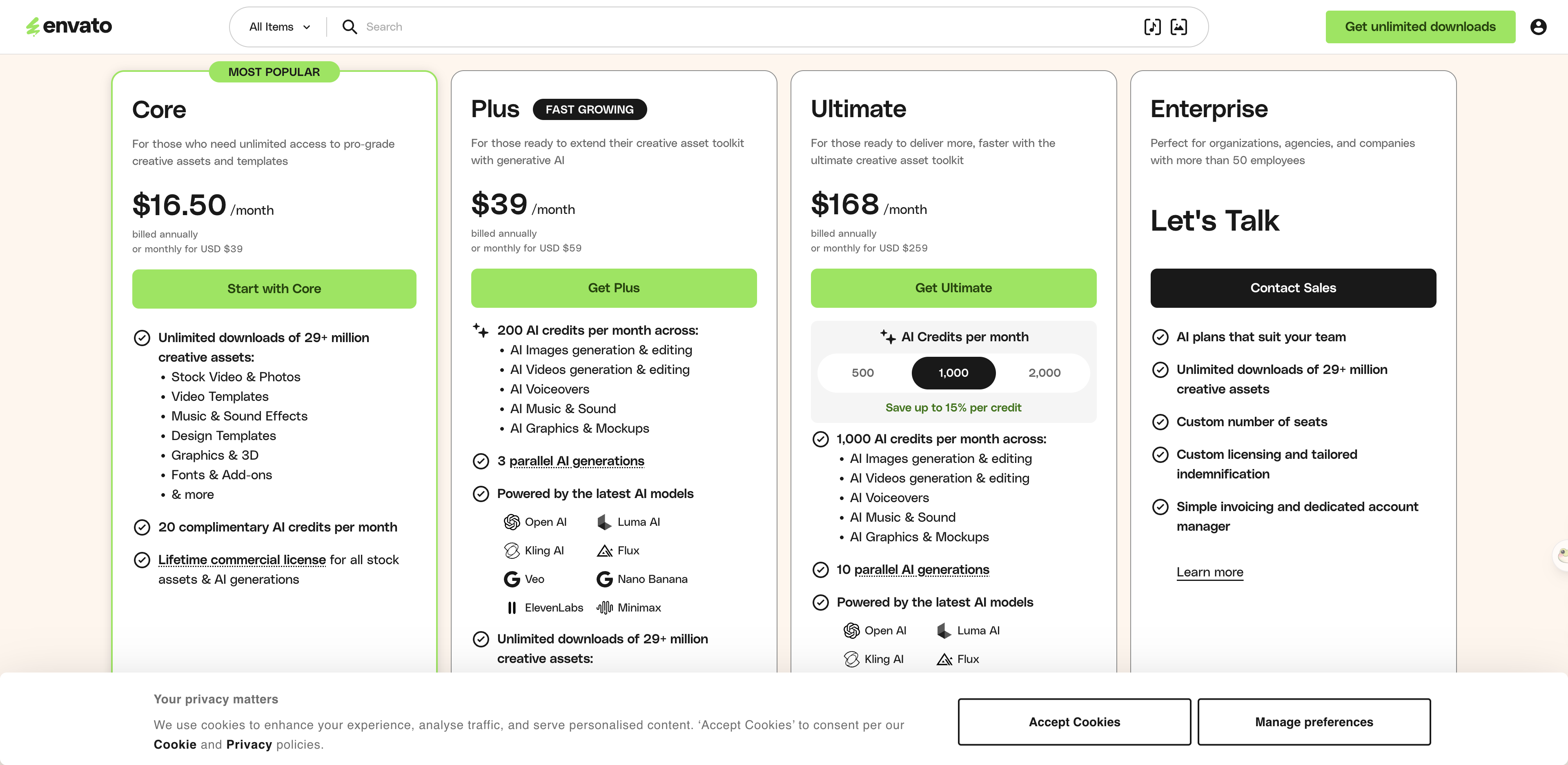 Envato Elements' pricing page showing the Core, Plus and Ultimate plans and the lifetime commercial licence