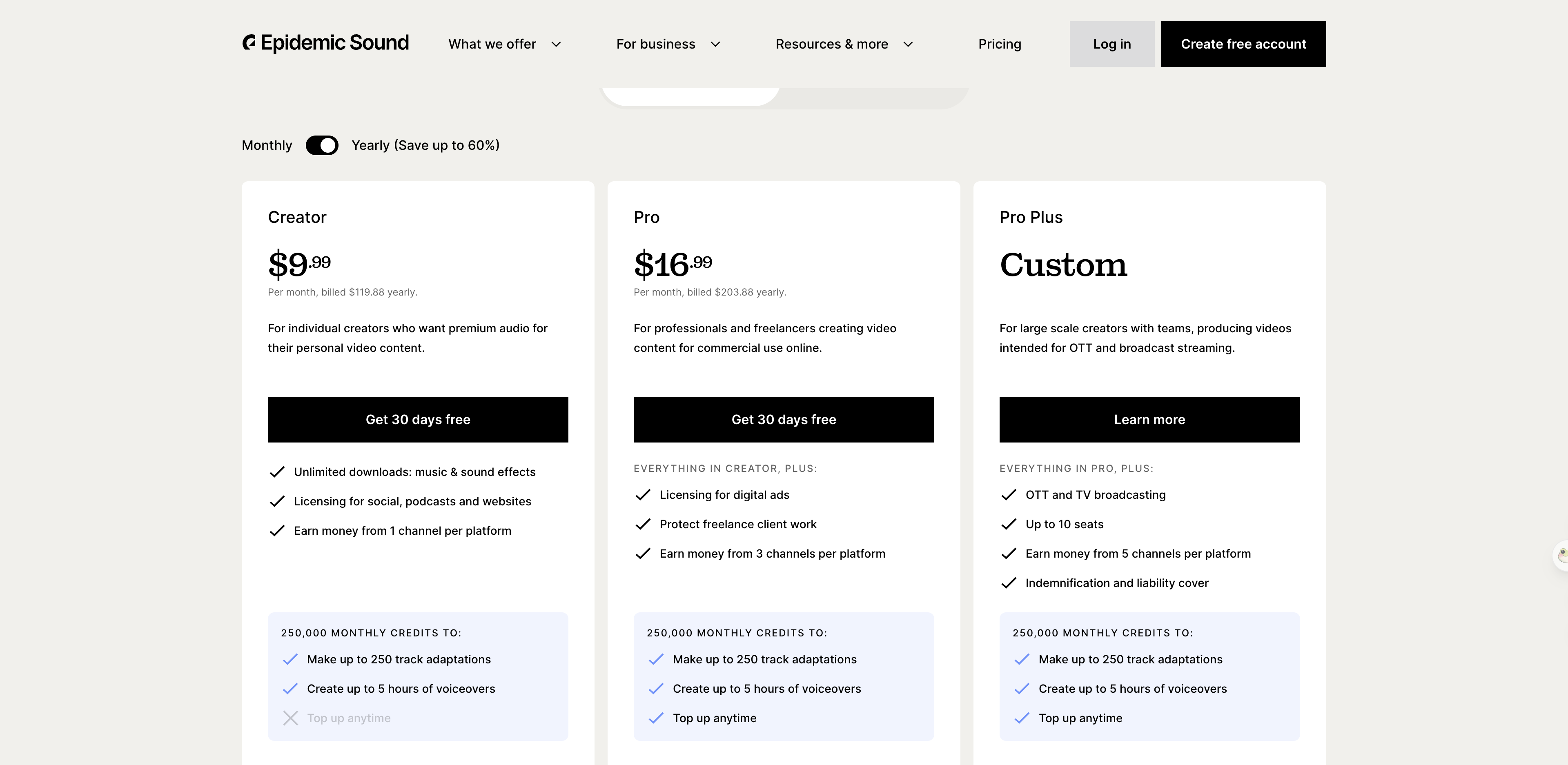 Epidemic Sound's pricing page showing the Creator, Pro and Pro Plus plans