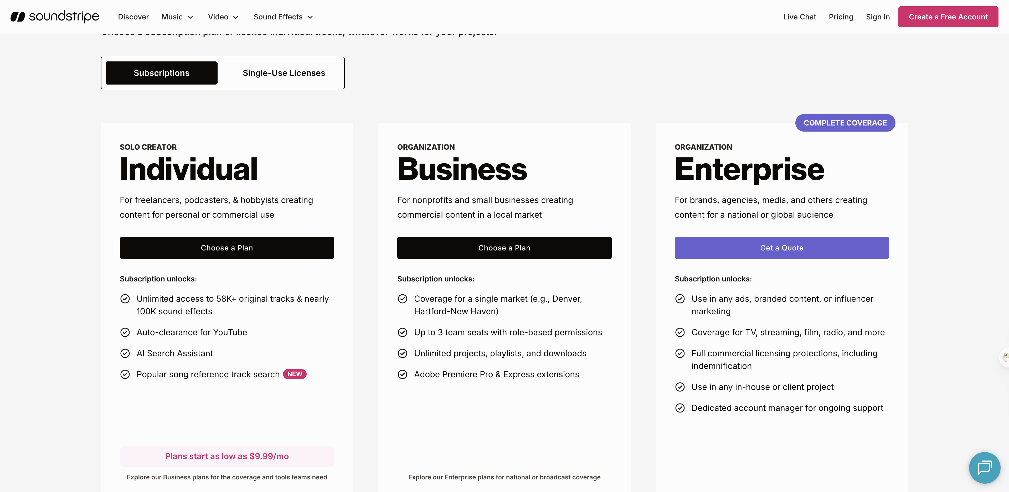 Soundstripe's pricing page showing its creator and business music plans