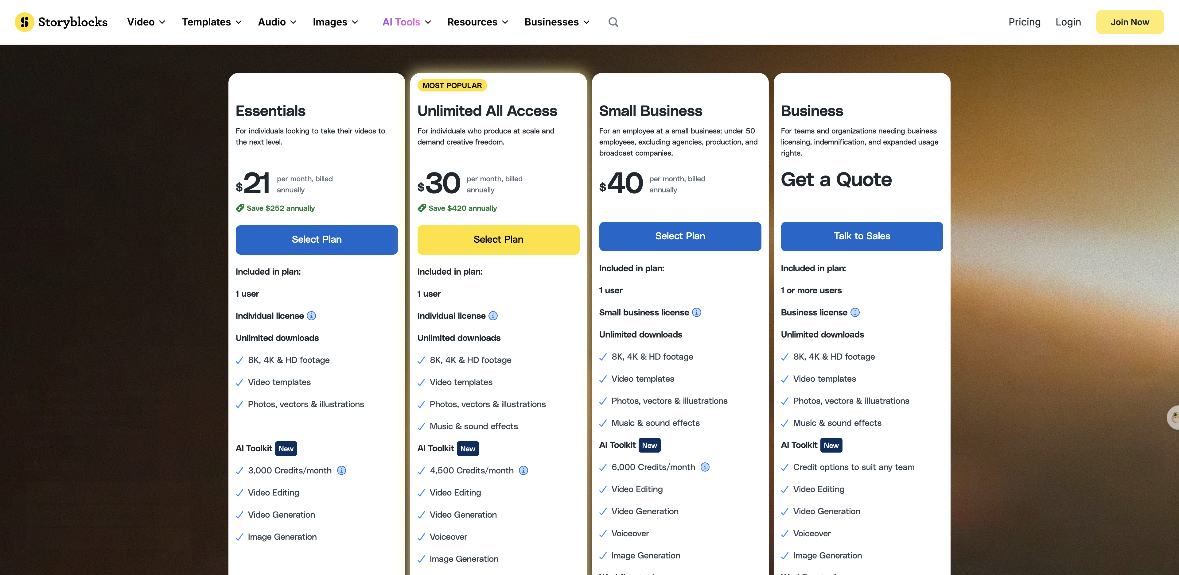 Storyblocks' pricing page showing the Essentials, Unlimited All Access and Small Business plans