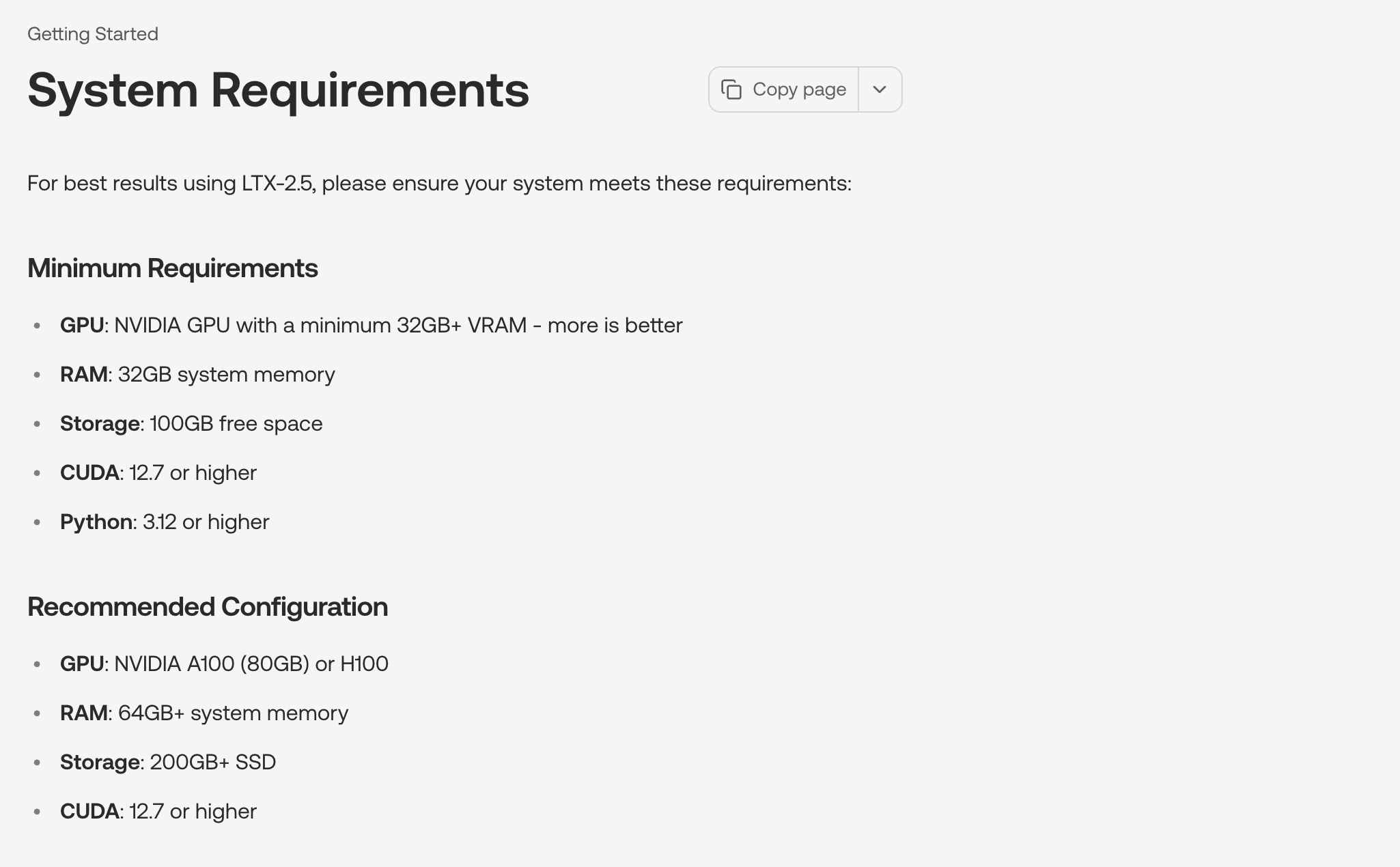 The LTX documentation System Requirements page, listing a minimum of 32GB+ VRAM, 32GB of system memory and 100GB of free space, with an NVIDIA A100 80GB or H100 recommended
