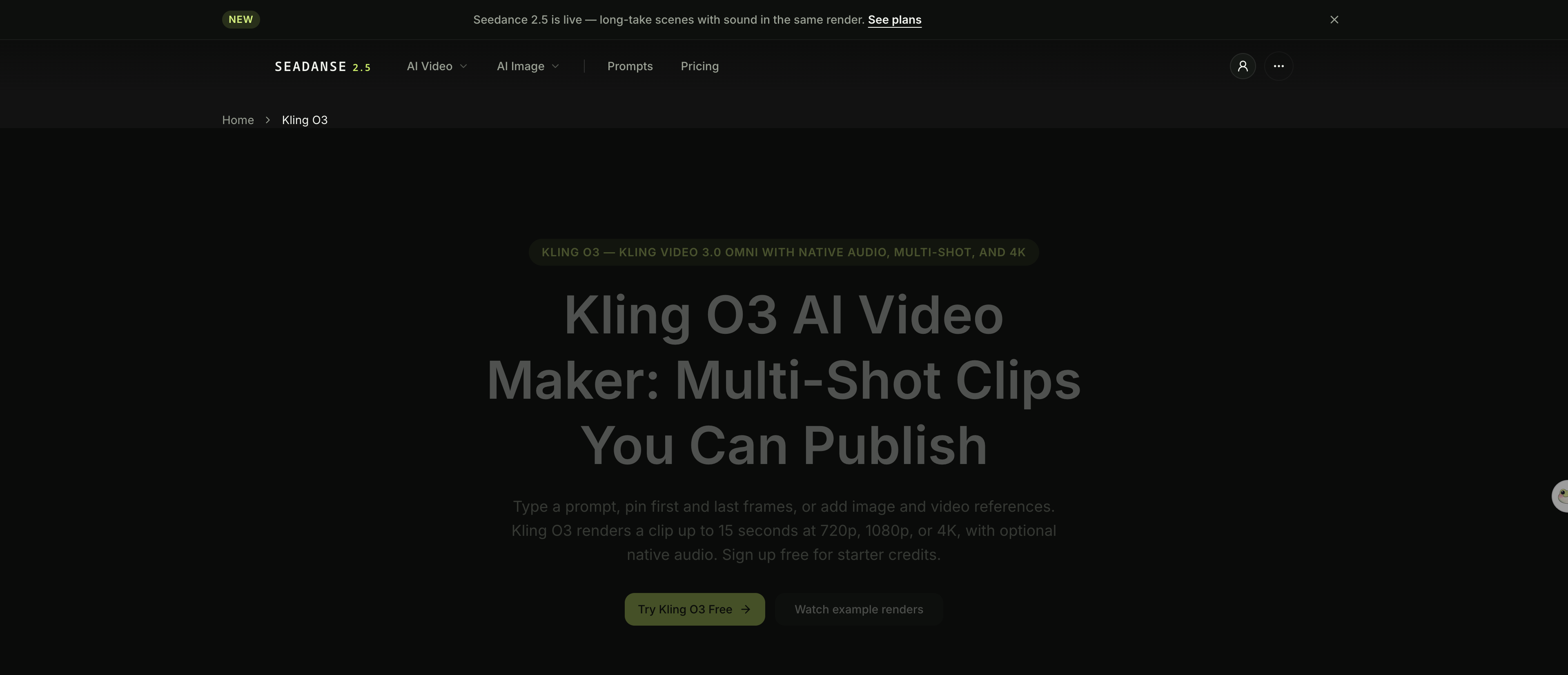 Screenshot of the Kling O3 AI Video Maker page on Seadanse, showing the multi-shot storyboard and native-audio toggle controls.
