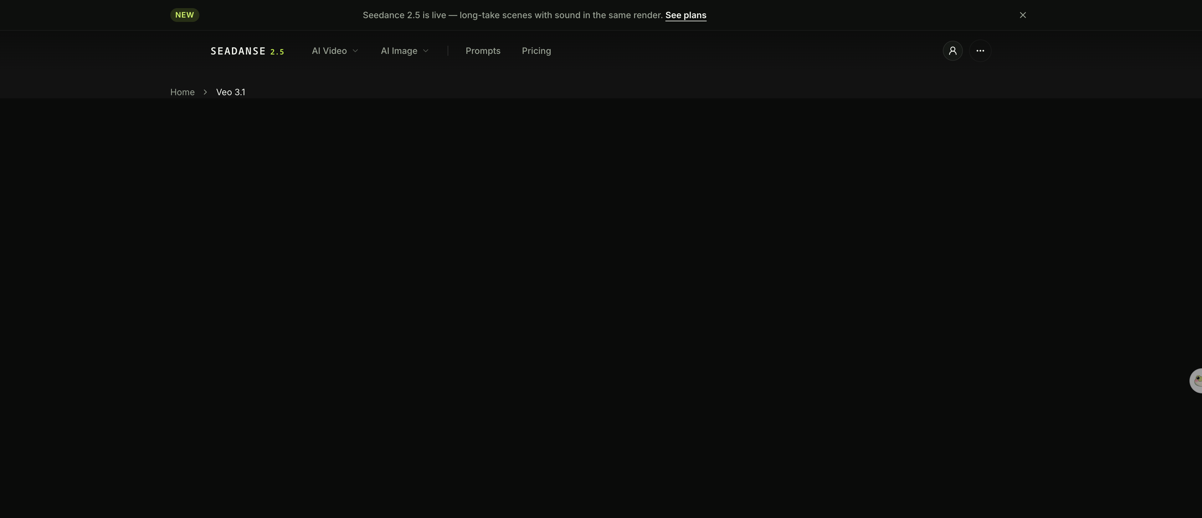 Screenshot of the Veo 3.1 images-to-video page on Seadanse, showing the Fast and Quality checkpoint picker and resolution options.