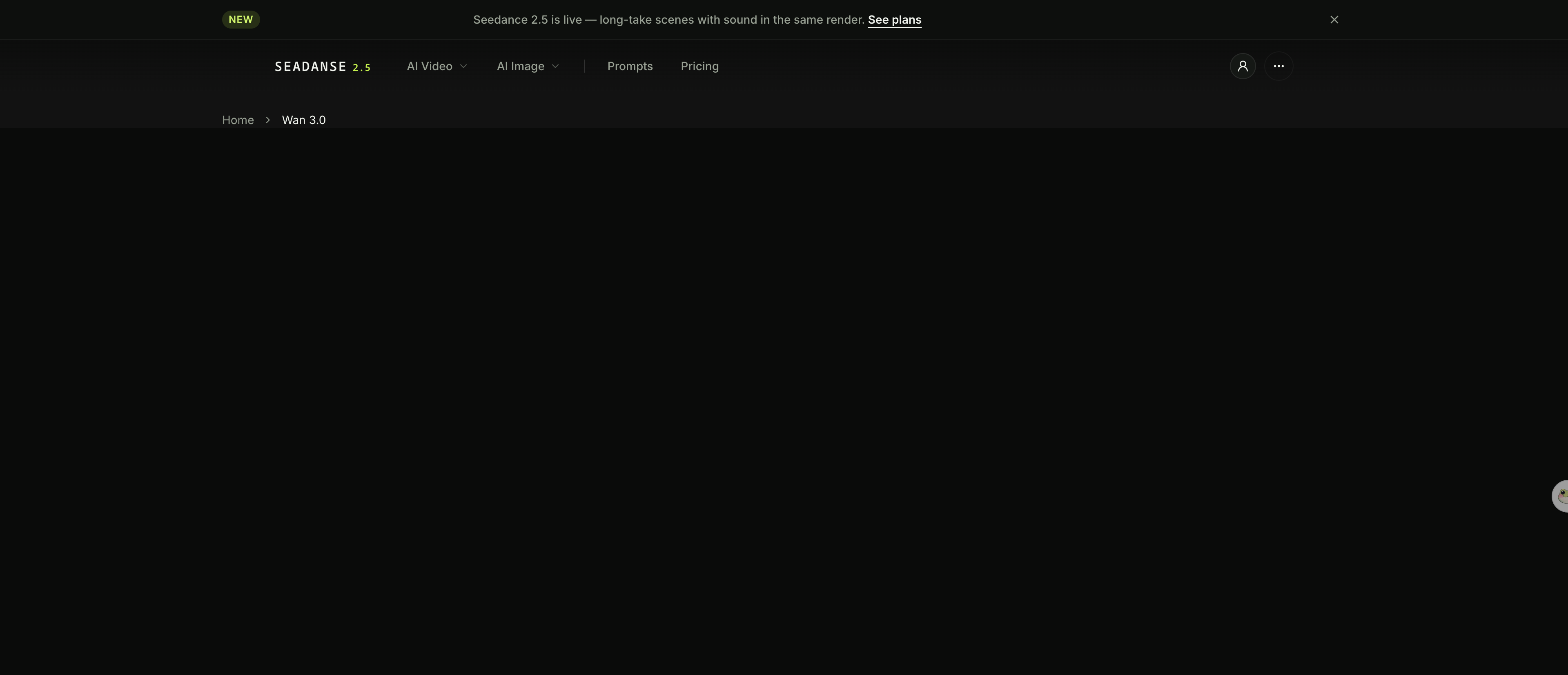 Screenshot of the Wan 3.0 images-to-video page on Seadanse, showing the 30-second continuous-shot generator and document-upload option.