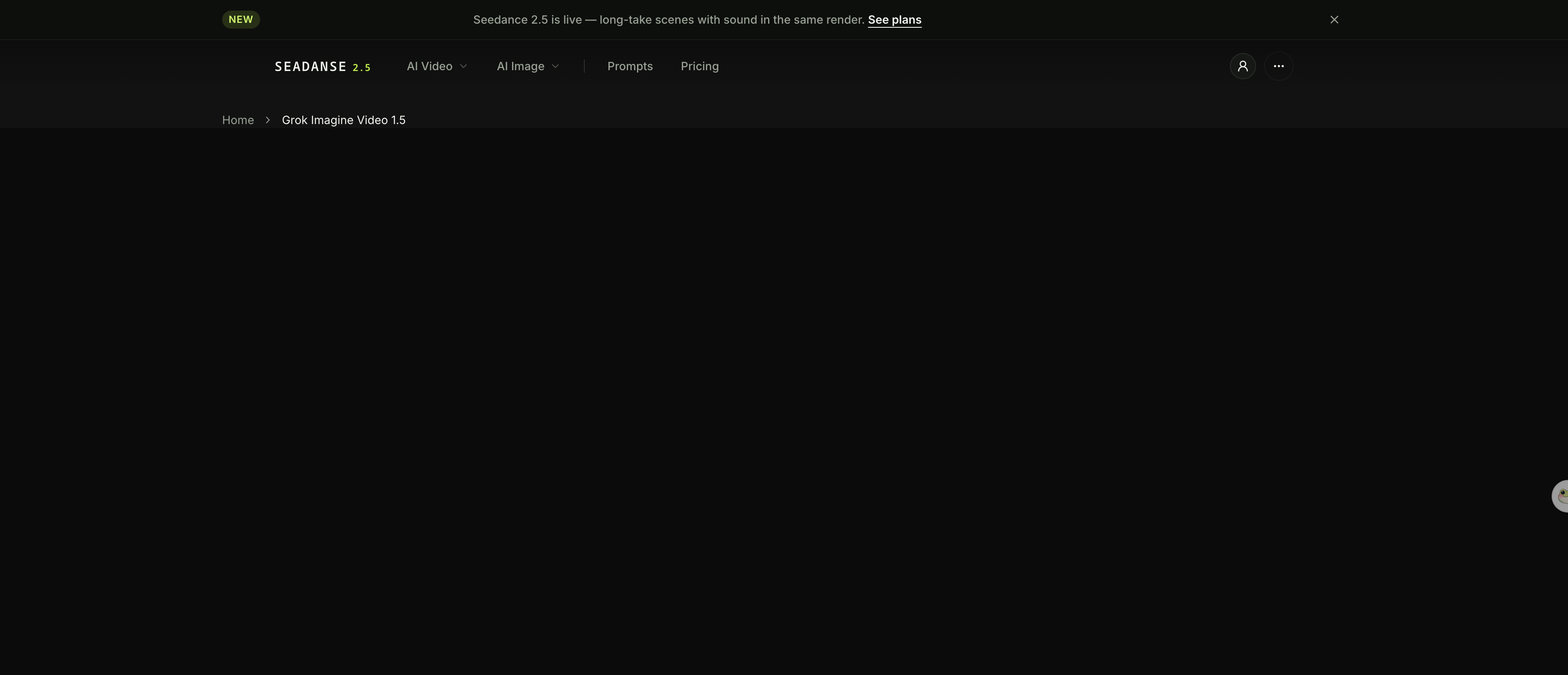 Screenshot of the Grok Imagine Video 1.5 page on Seadanse, showing resolution, duration and aspect-ratio controls for image-to-video.