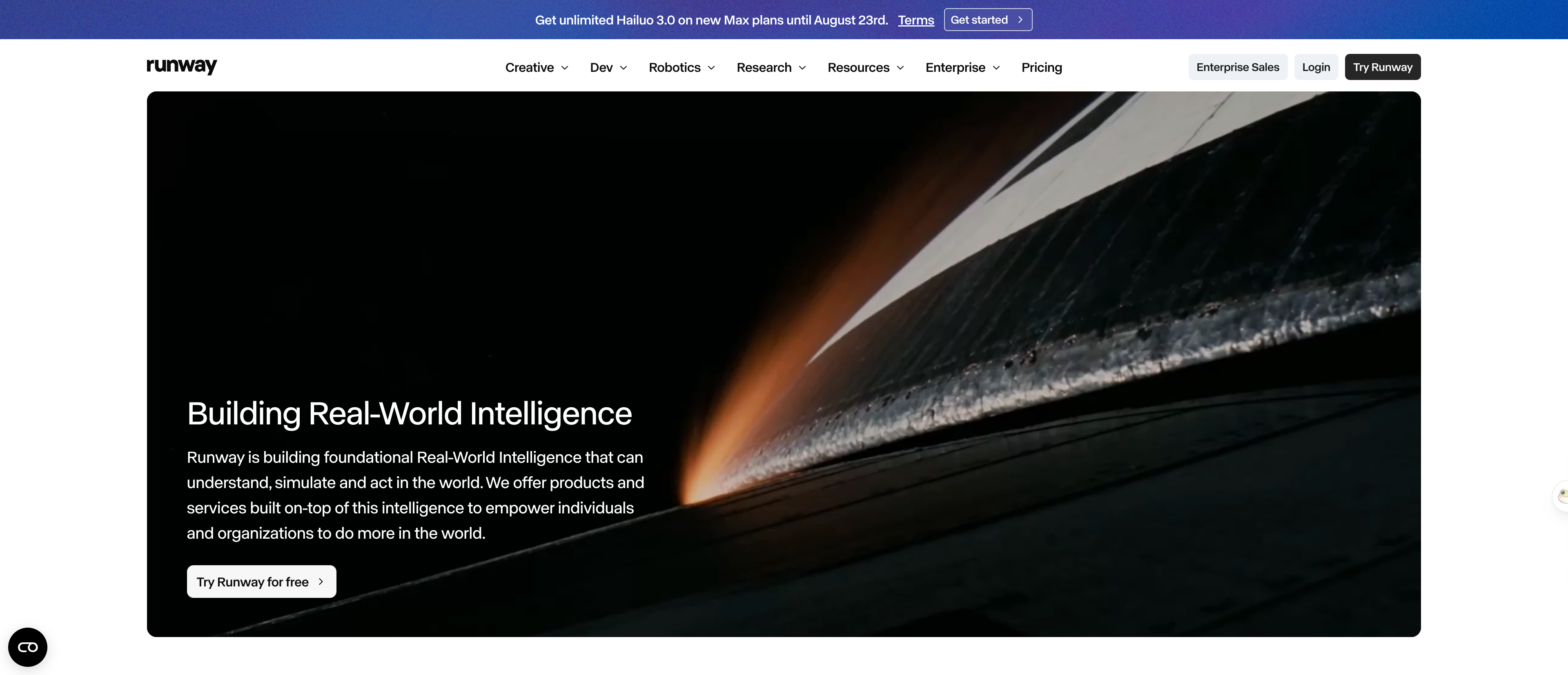 Screenshot of the Runway homepage, showing the Gen-4.5 video model and the Runway Creative Suite it sits inside.