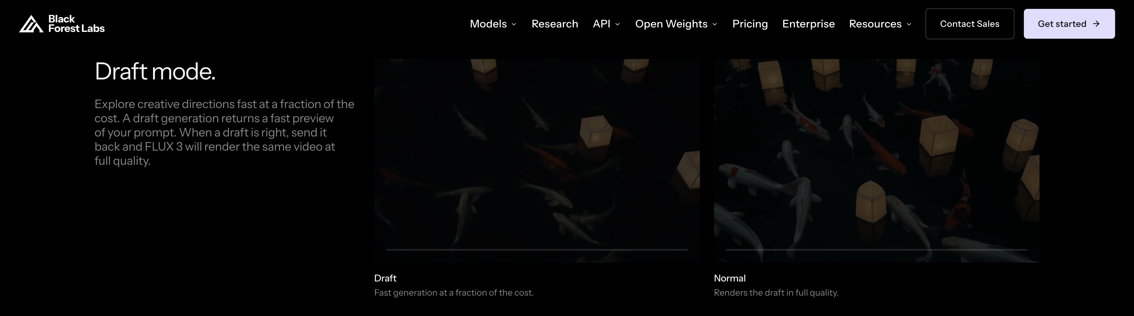 Black Forest Labs' own Draft mode comparison, showing a fast low-cost draft clip next to the full-quality version of the same koi pond scene