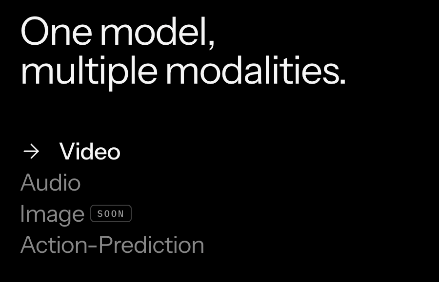 Black Forest Labs' own FLUX 3 model page listing Video, Audio, Image and Action-Prediction as the four modalities, with Image still marked SOON