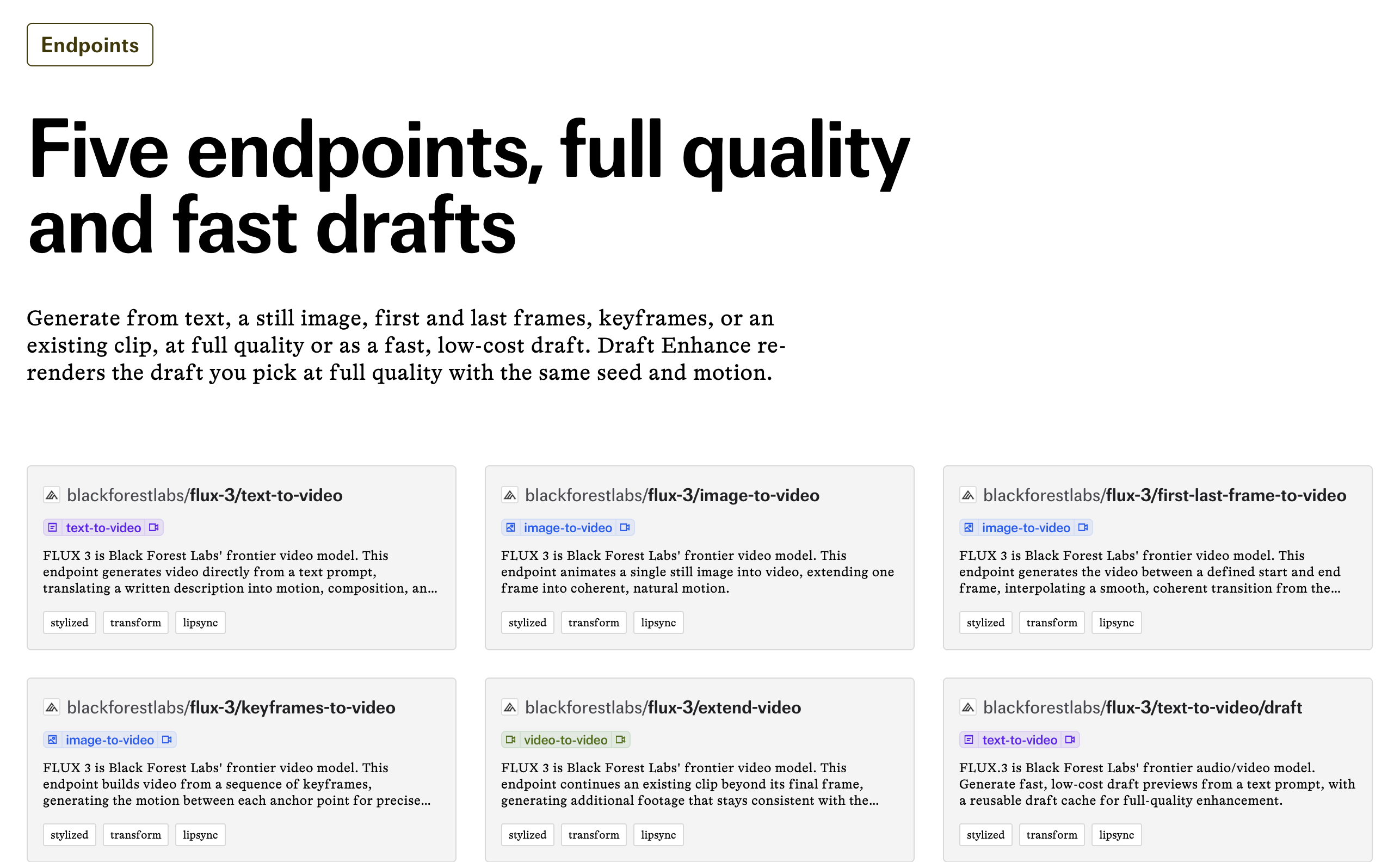 fal.ai's FLUX 3 endpoint list: text-to-video, image-to-video, first-last-frame-to-video, keyframes-to-video and extend-video, each offered at full quality or as a fast draft