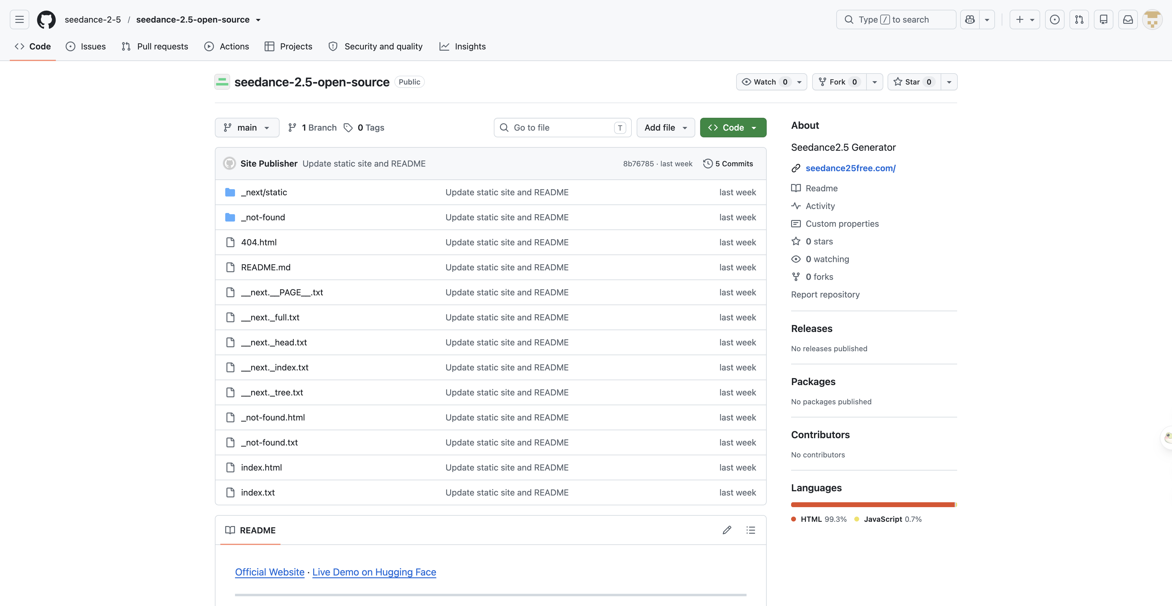 The GitHub repository named seedance-2.5-open-source, showing a file list of Next.js website build output next to counters reading 0 stars, 0 forks and 0 watching