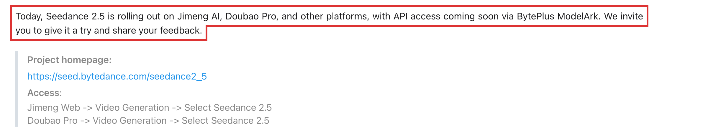 ByteDance's Seedance 2.5 announcement with the availability sentence outlined in red, and the Access instructions for Jimeng Web and Doubao Pro printed underneath it