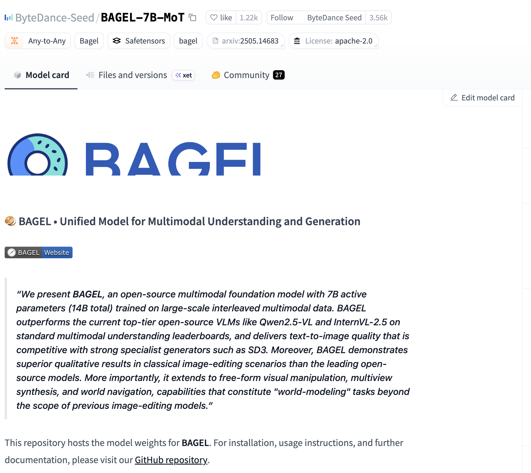 The Hugging Face page for ByteDance-Seed BAGEL-7B-MoT, showing the apache-2.0 licence tag and the line saying this repository hosts the model weights