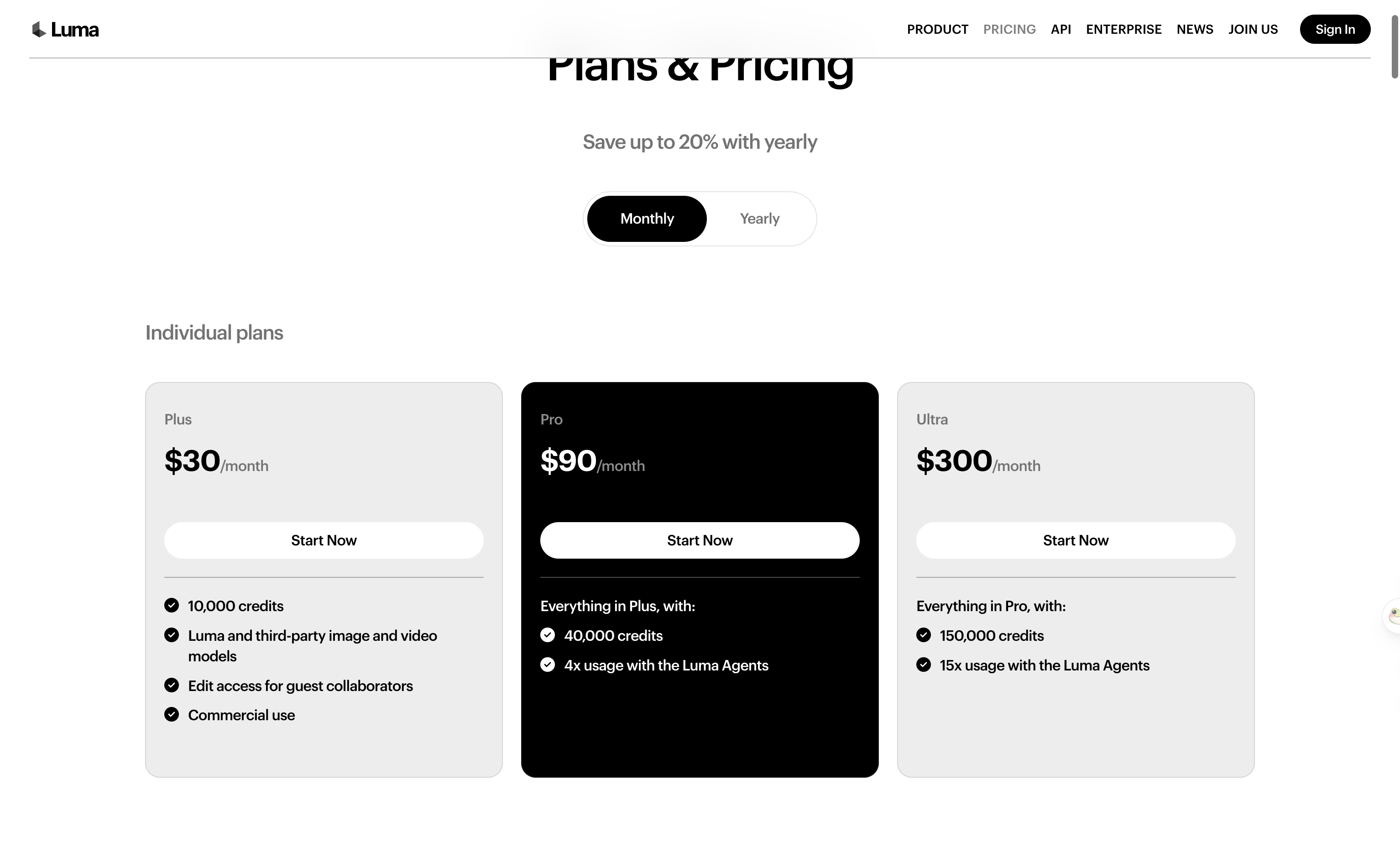 Luma's pricing page showing Plus, Pro and Ultra individual plans with no free tier listed.
