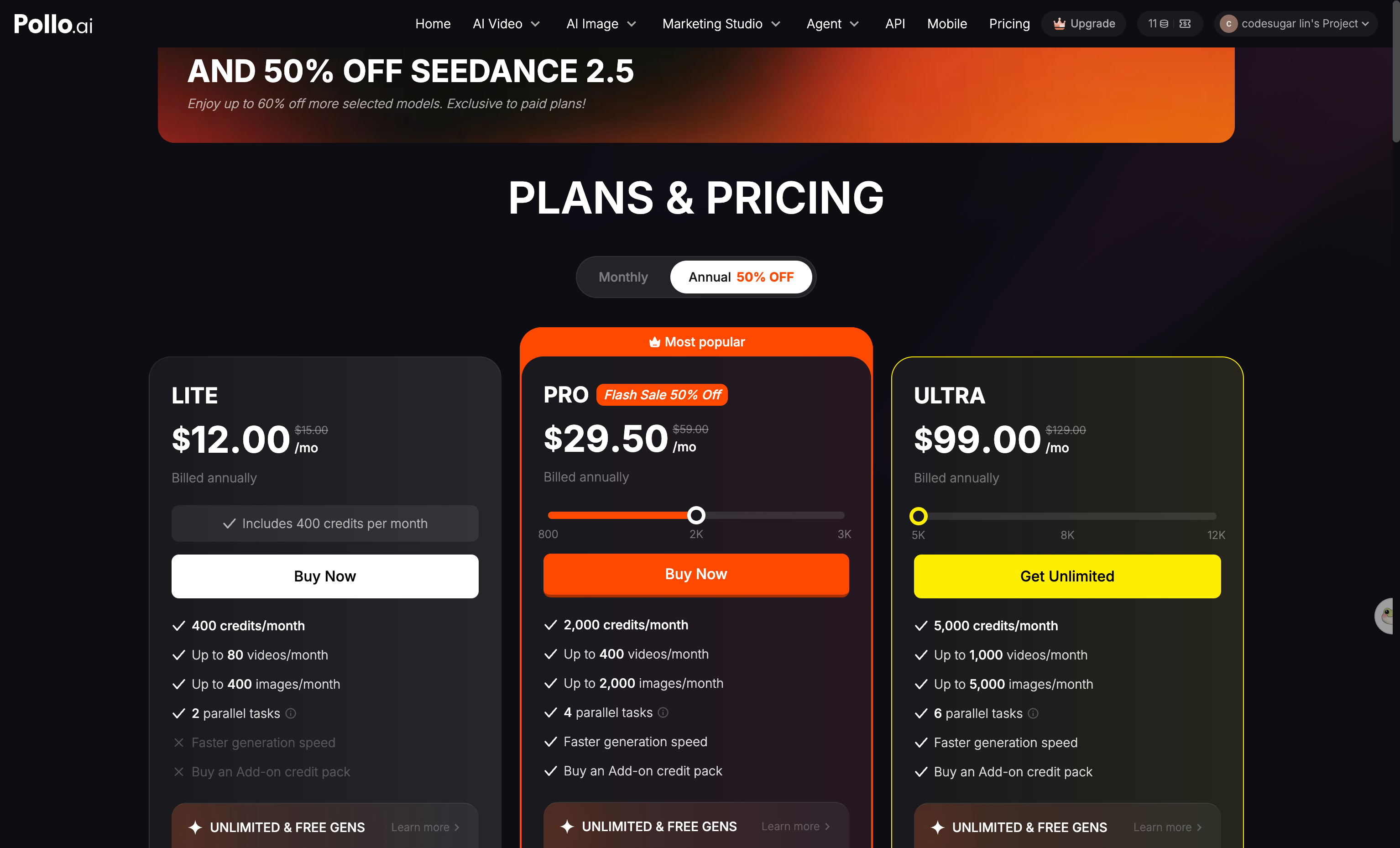 Pollo AI's pricing page with its Lite, Pro and Ultra subscription tiers.